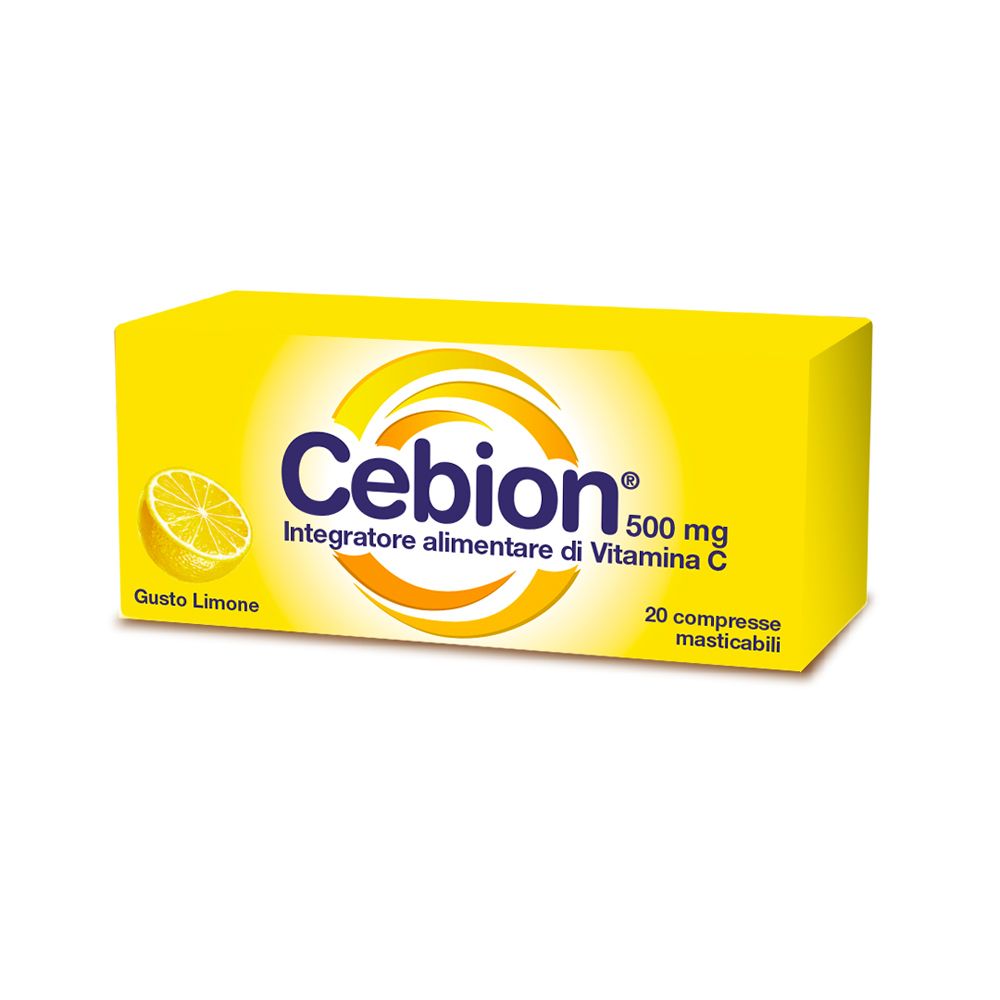 Gelbe Schachtel mit Cebion® 500 mg Zitronengeschmack. Enthält 20 Kautabletten. Zitrone-Illustration.