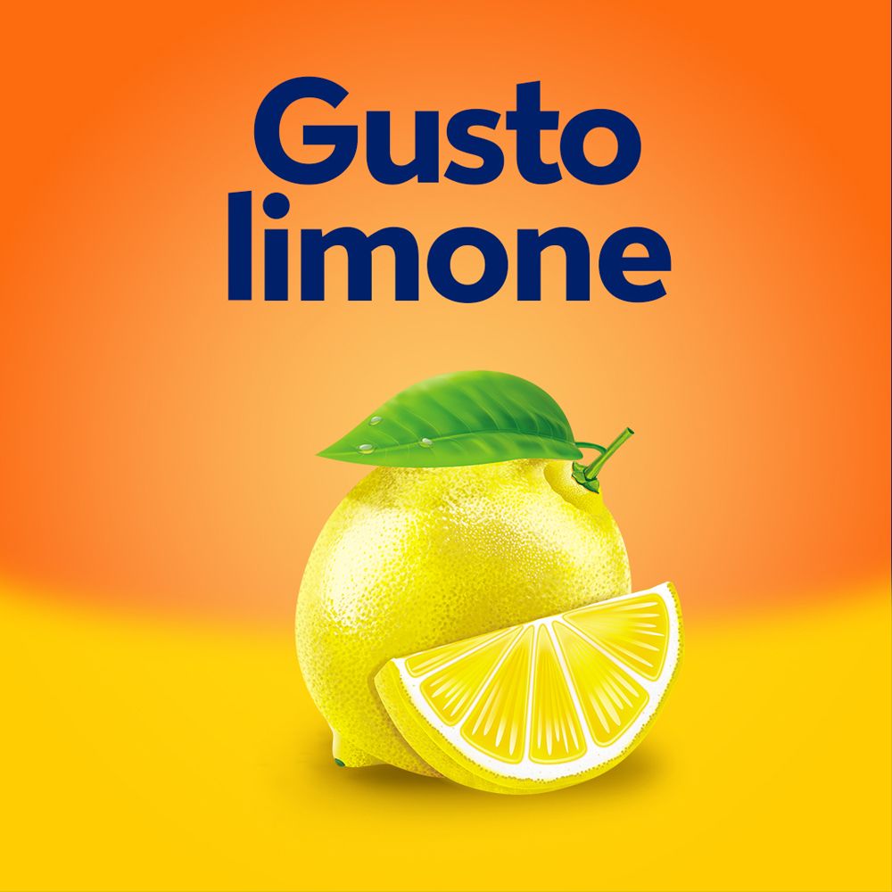 Zitrone mit Blatt und Scheibe. Text: Gusto limone.