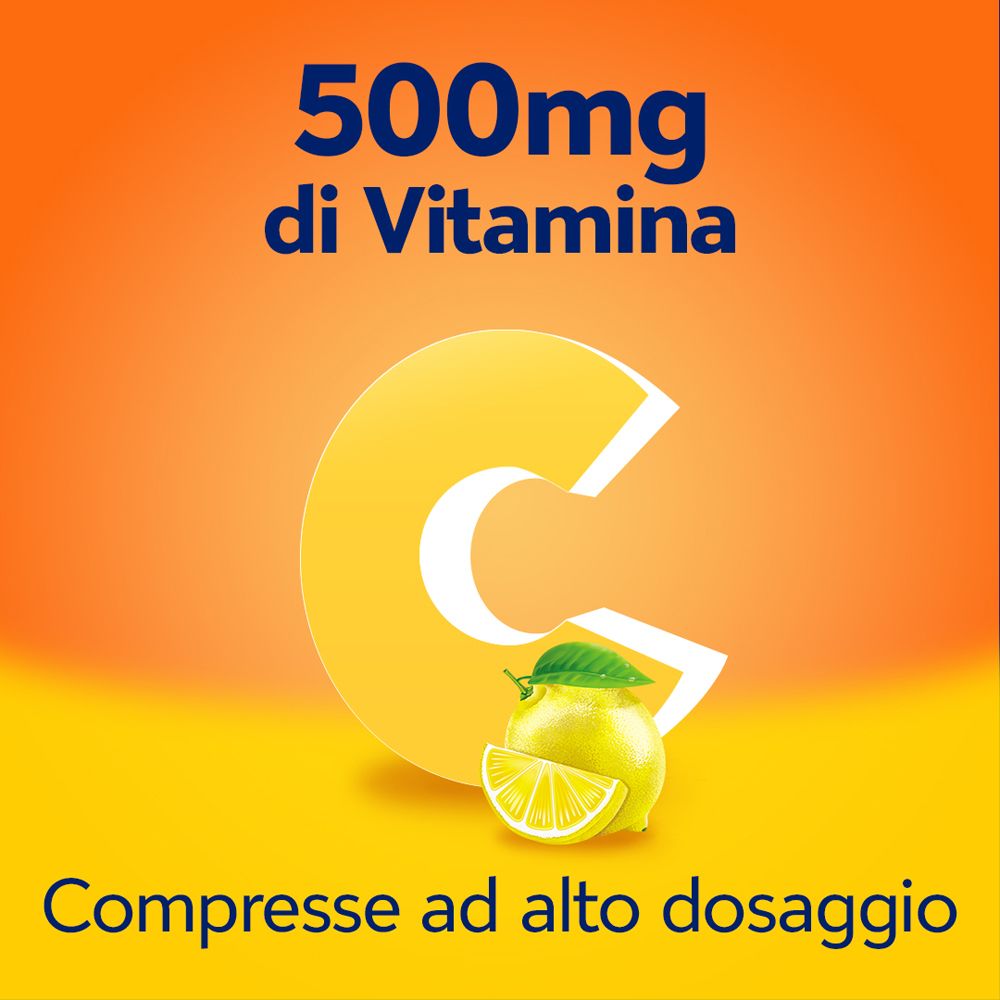 Gelbe Zitrone mit Scheibe. Text: 500mg di Vitamina C. Compresse ad alto dosaggio.