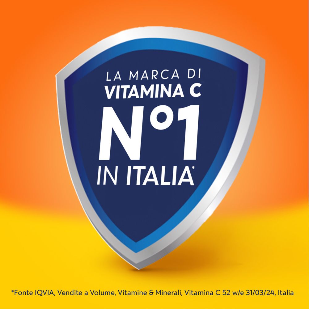 Blaues Schild mit Text: La marca di vitamina C N°1 in Italia.