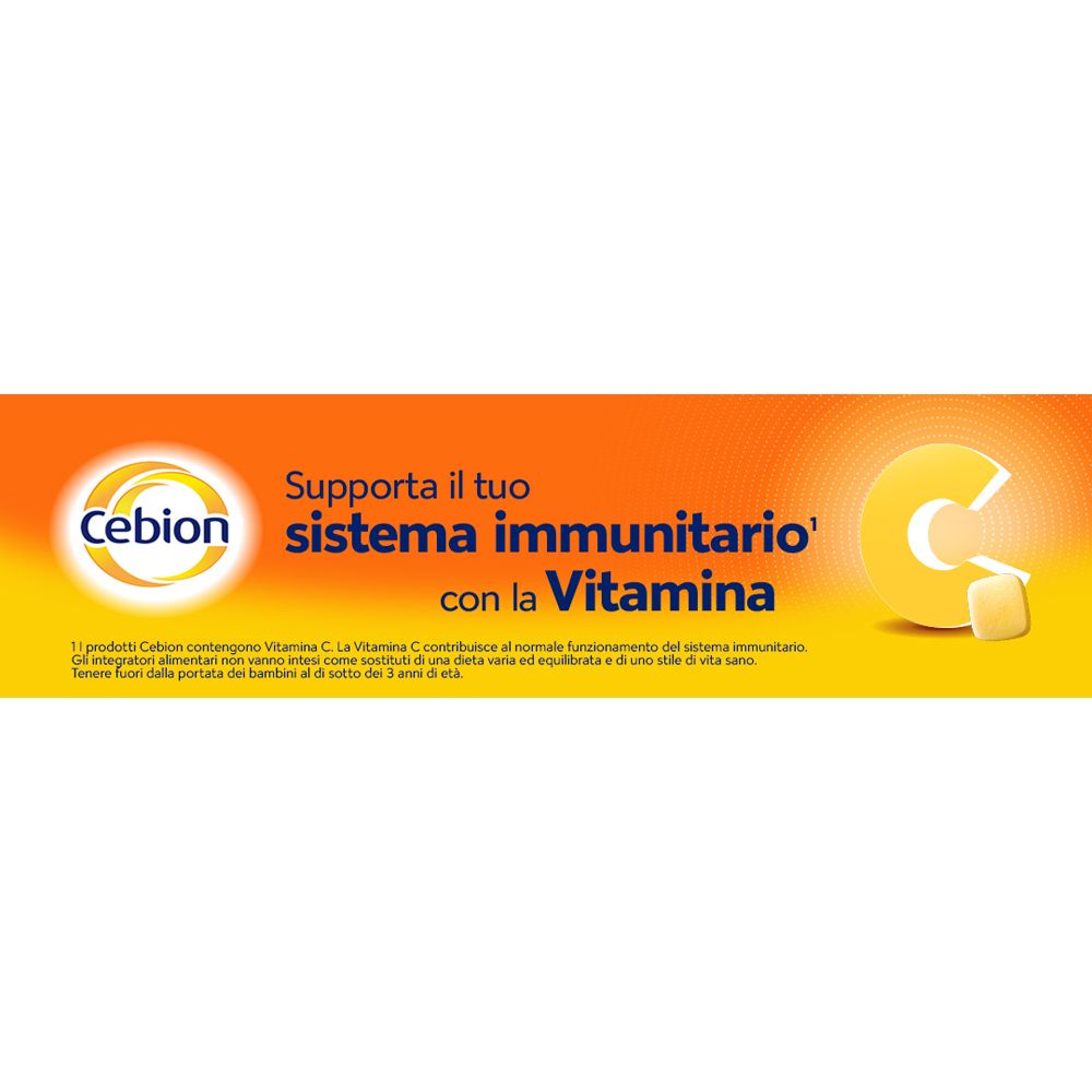 Cebion®-Logo und Text: Supporta il tuo sistema immunitario con la Vitamina C.