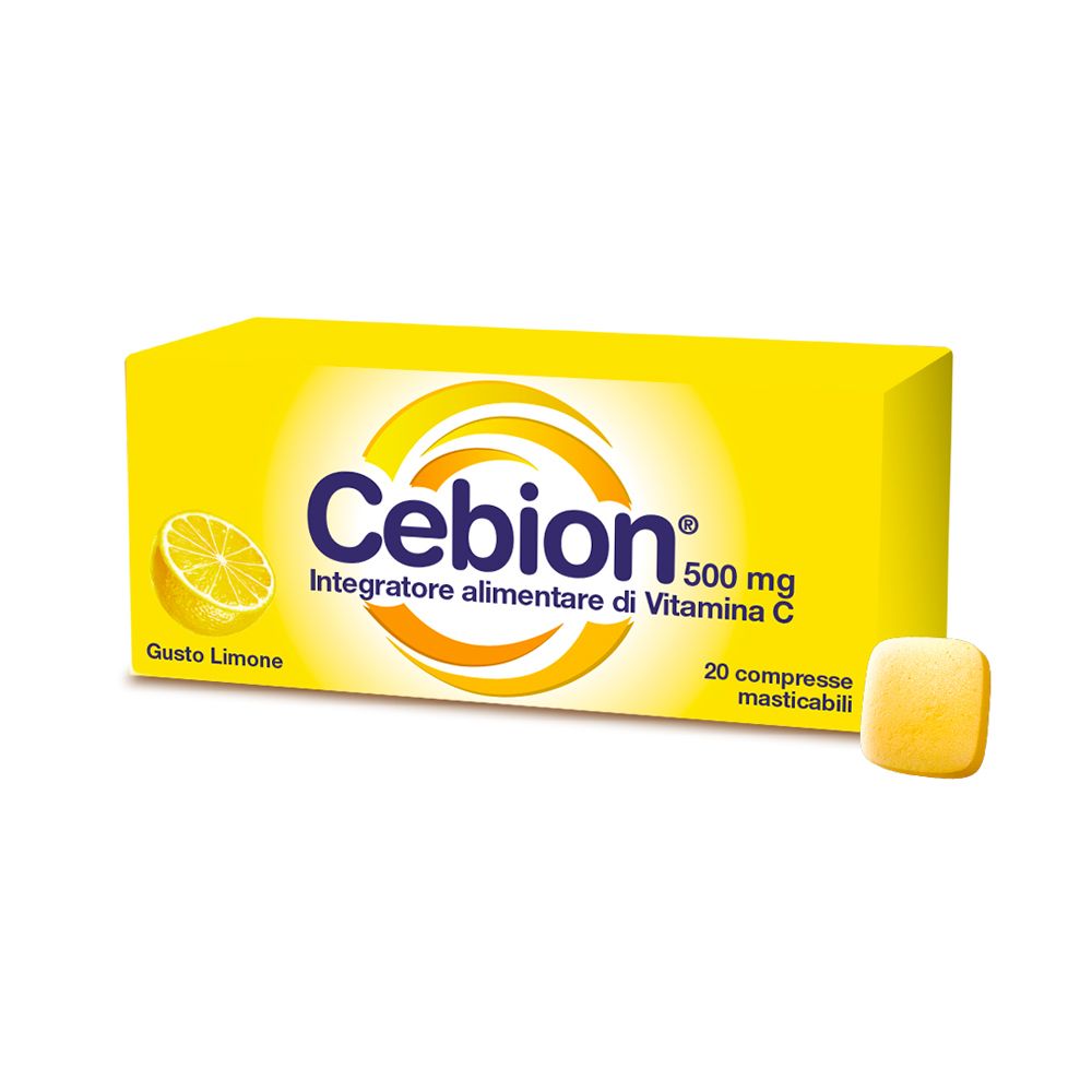 Gelbe Schachtel mit Cebion® 500 mg Zitronengeschmack. Enthält 20 Kautabletten. Eine Tablette.