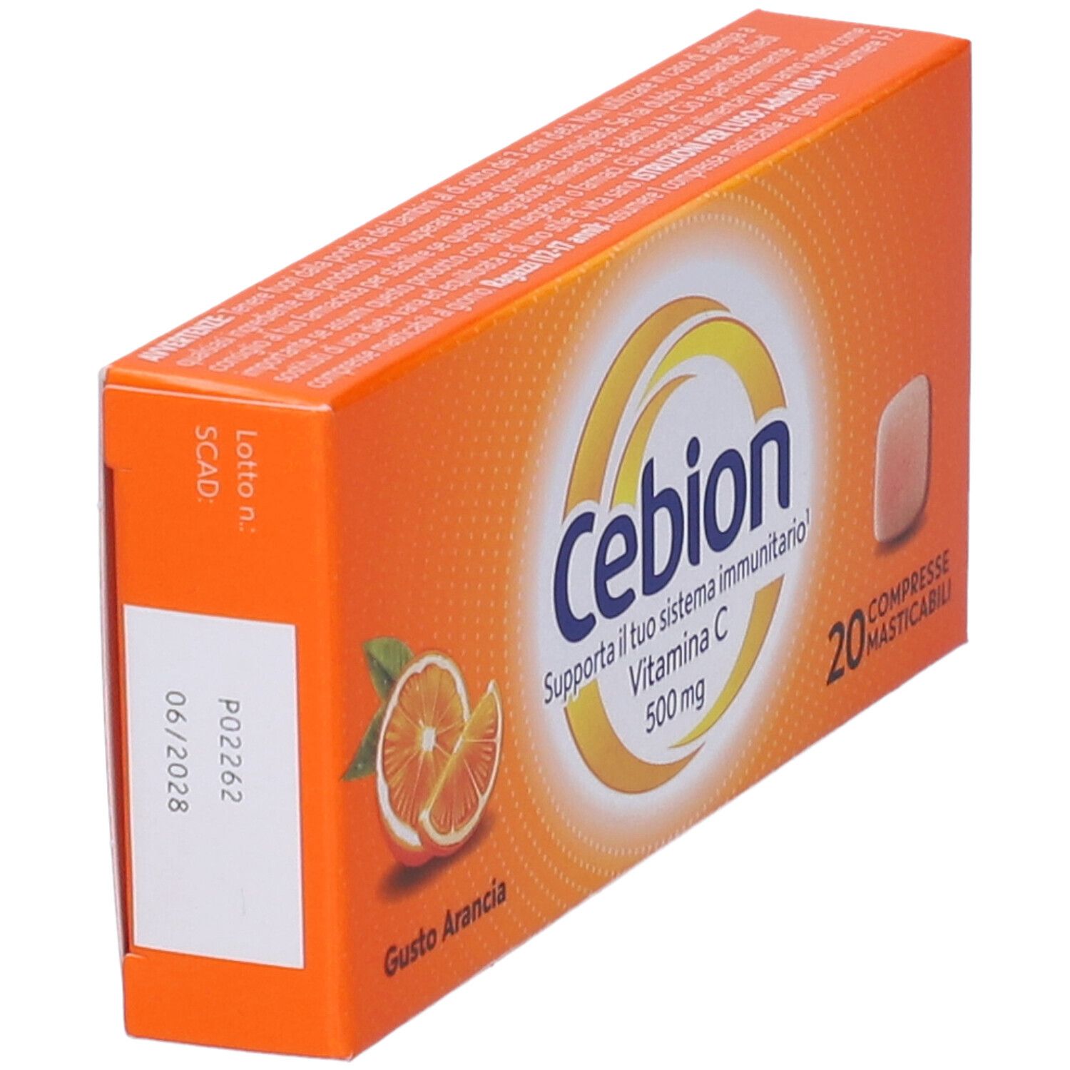 Orangefarbene Schachtel Cebion, Vitamin C 500 mg, 20 Tabletten. Datumsangabe und Chargennummer.