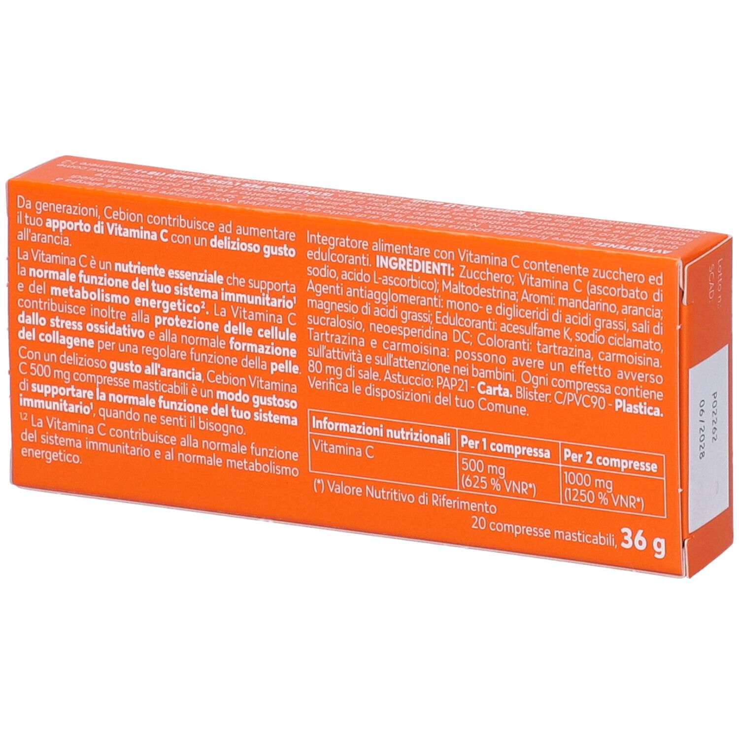 Rückseite der orangefarbenen Cebion-Schachtel. Text mit Inhaltsstoffen und Nährwertangaben.