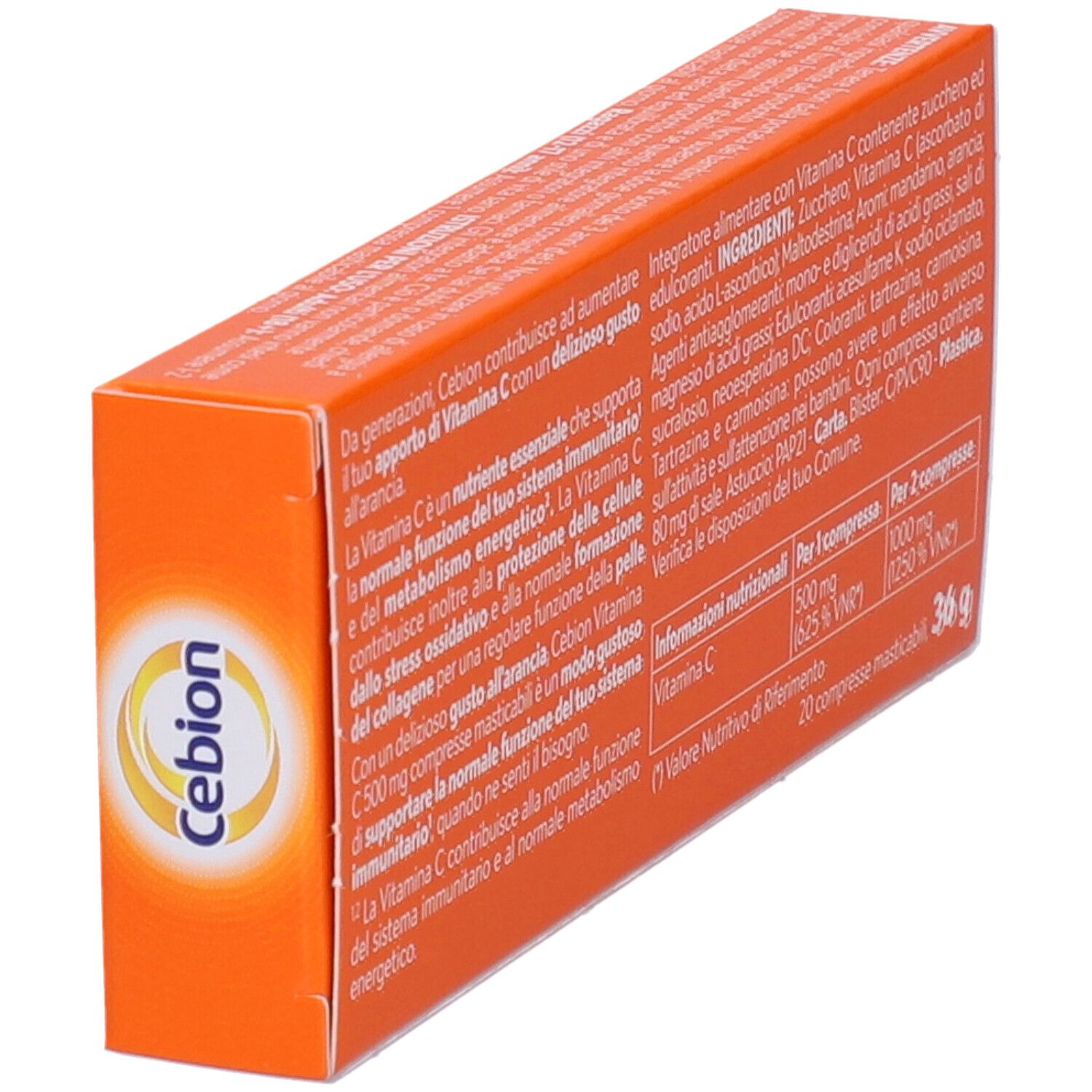 Rückseite der orangefarbenen Cebion-Schachtel. Text mit Inhaltsstoffen und Nährwertangaben.