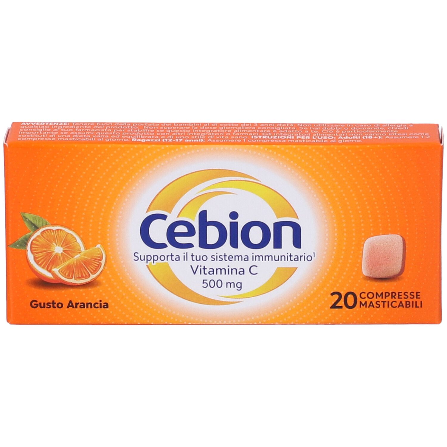 Orangefarbene Schachtel mit Cebion-Logo, Vitamin C 500 mg und 20 Tabletten. Abbildung einer Orange.