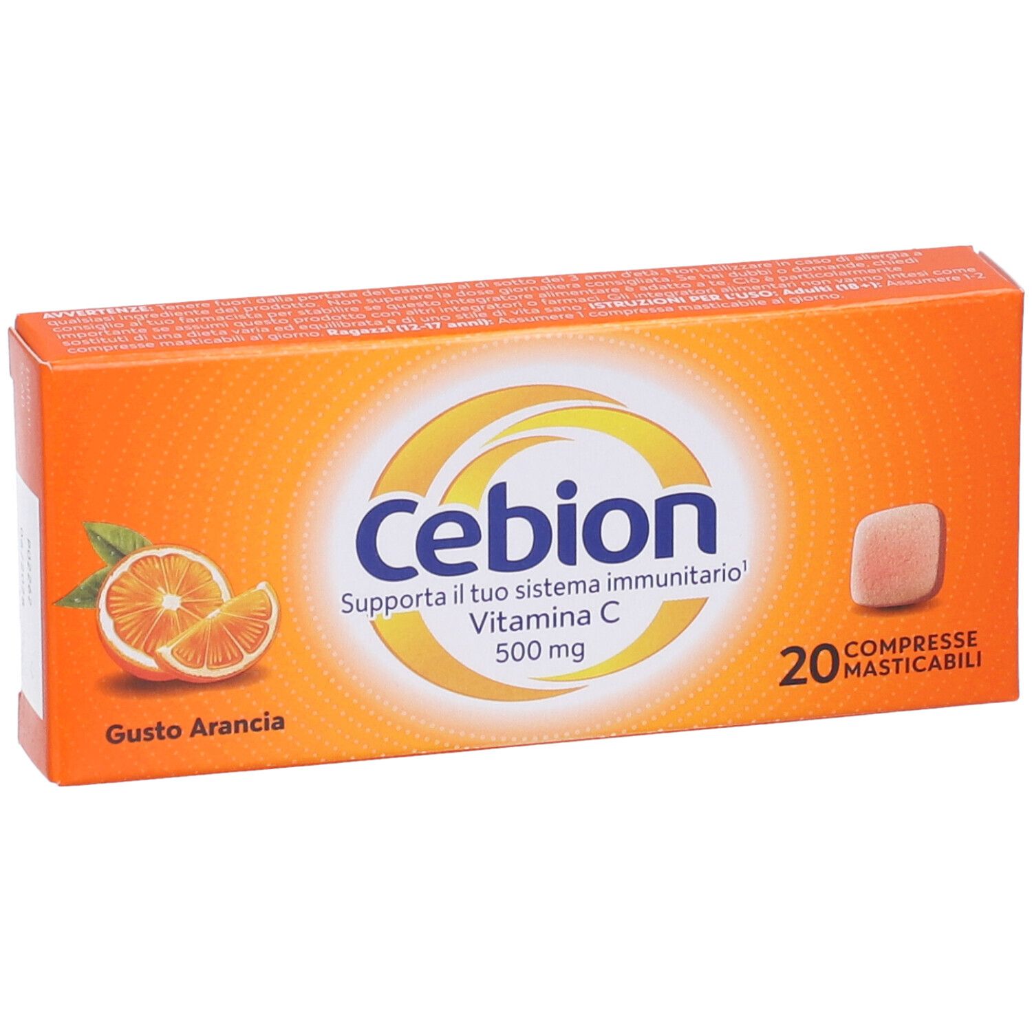 Orangefarbene Schachtel mit Cebion-Logo, Vitamin C 500 mg und 20 Tabletten. Abbildung einer Orange.