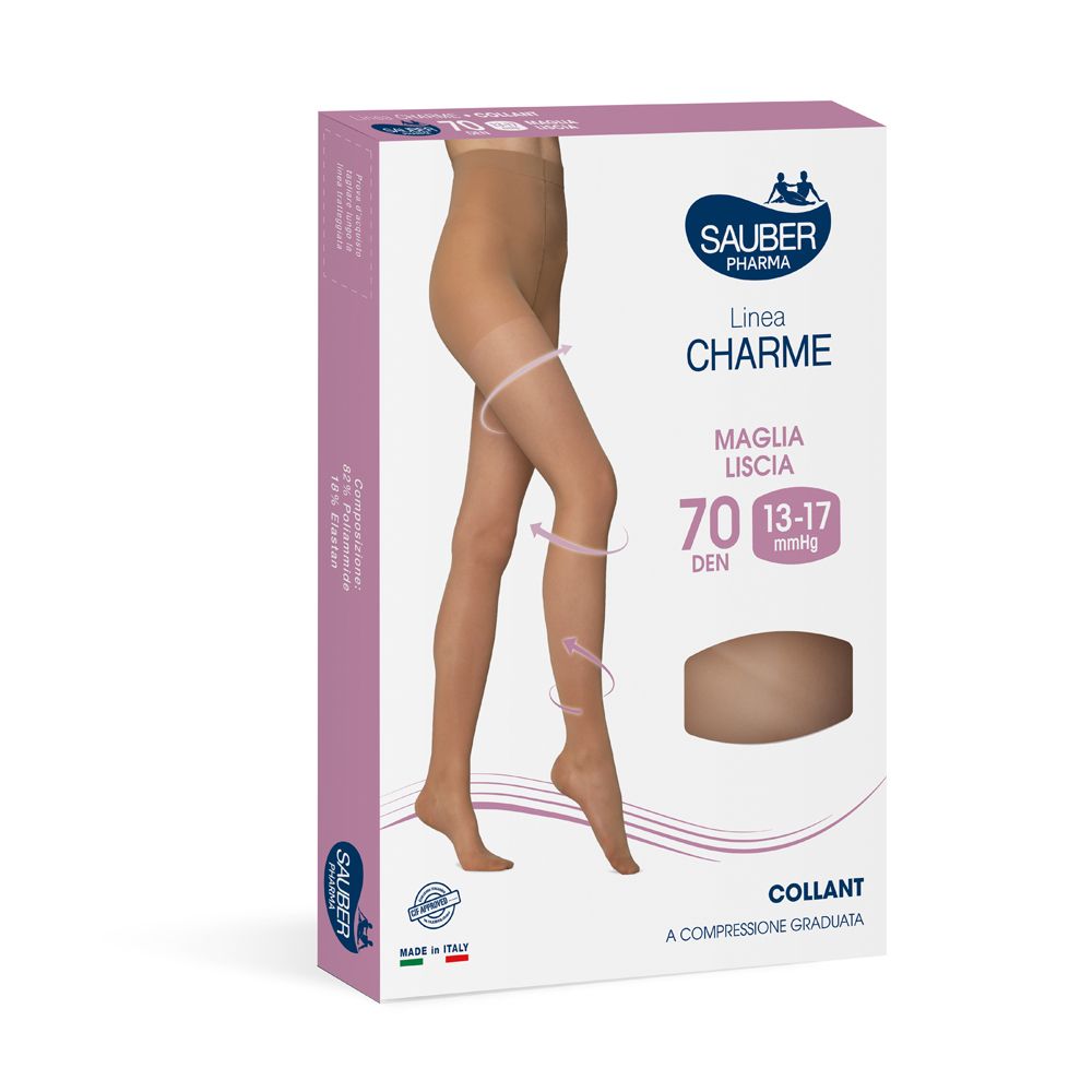 Confezione collant Sauber Charme, 70 den, compressione 13-17 mmHg. Made in Italy. Immagine di gamba. 