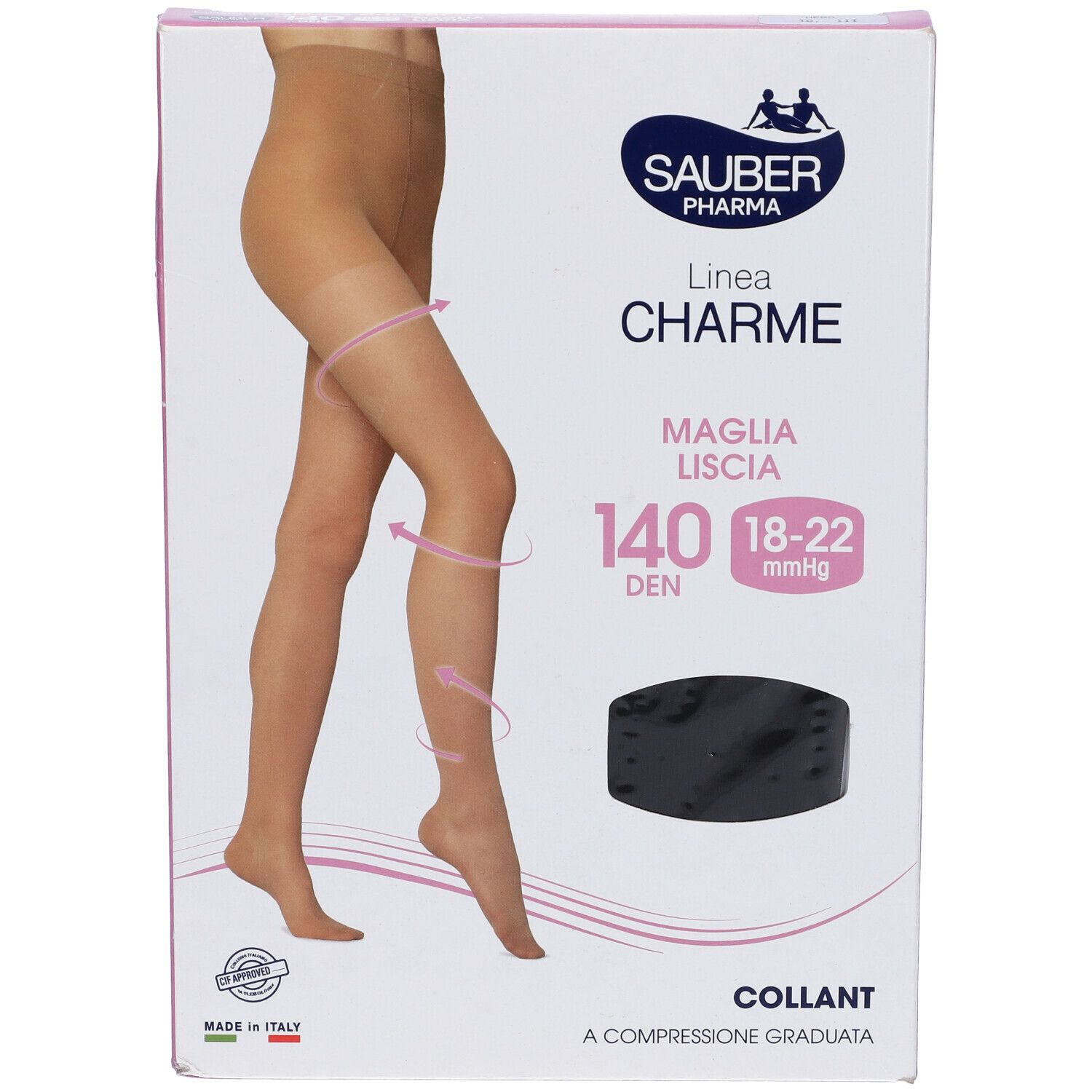 Confezione collant Sauber Pharma, linea Charme. 140 Den, collant a compressione graduata.
