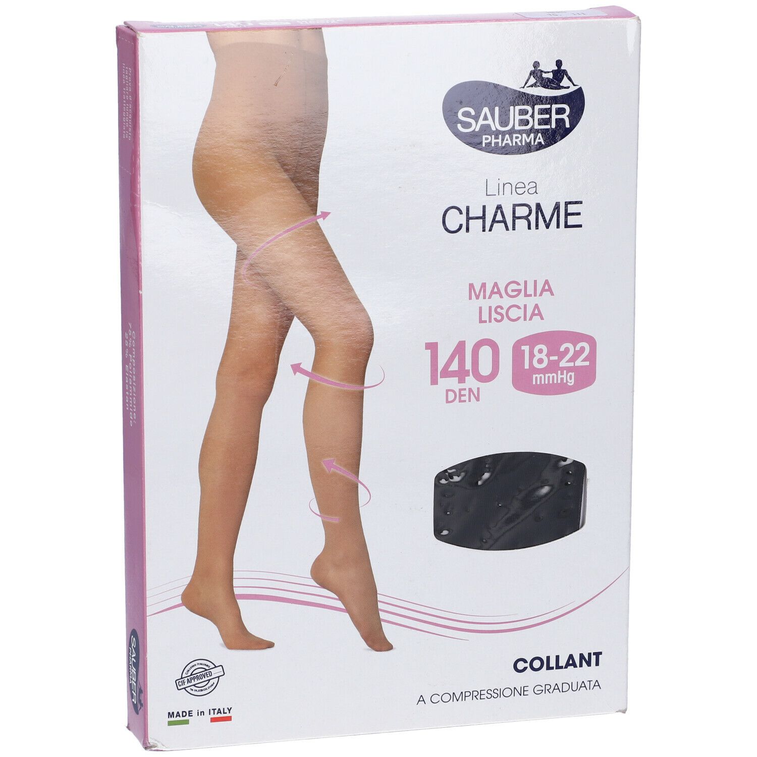 Confezione collant Sauber Pharma, linea Charme. 140 Den, collant a compressione graduata.