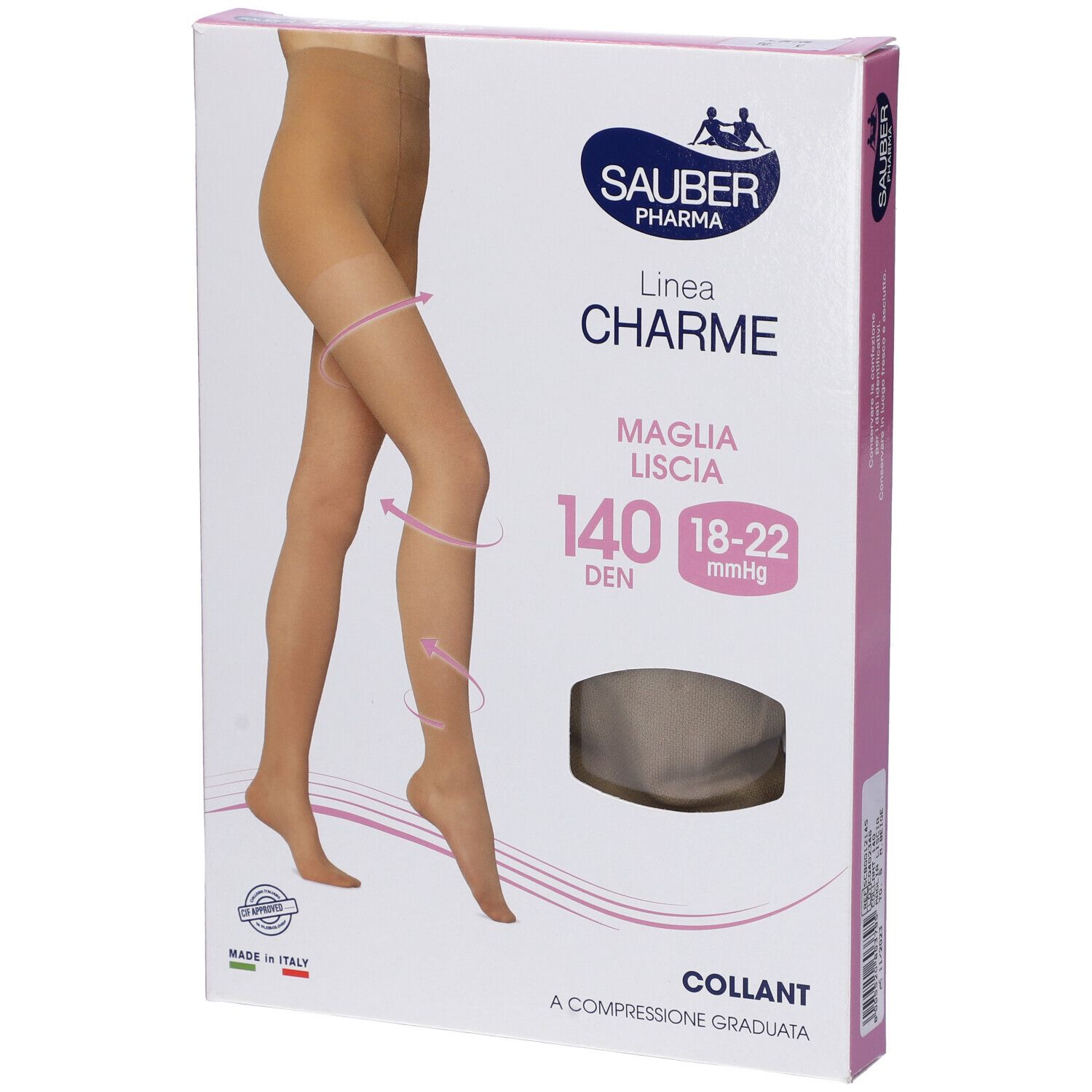Collant beige Sauber Charme 140 Den, confezione. Taglia 18-22 mmHg. Made in Italy. Sauber Pharma.