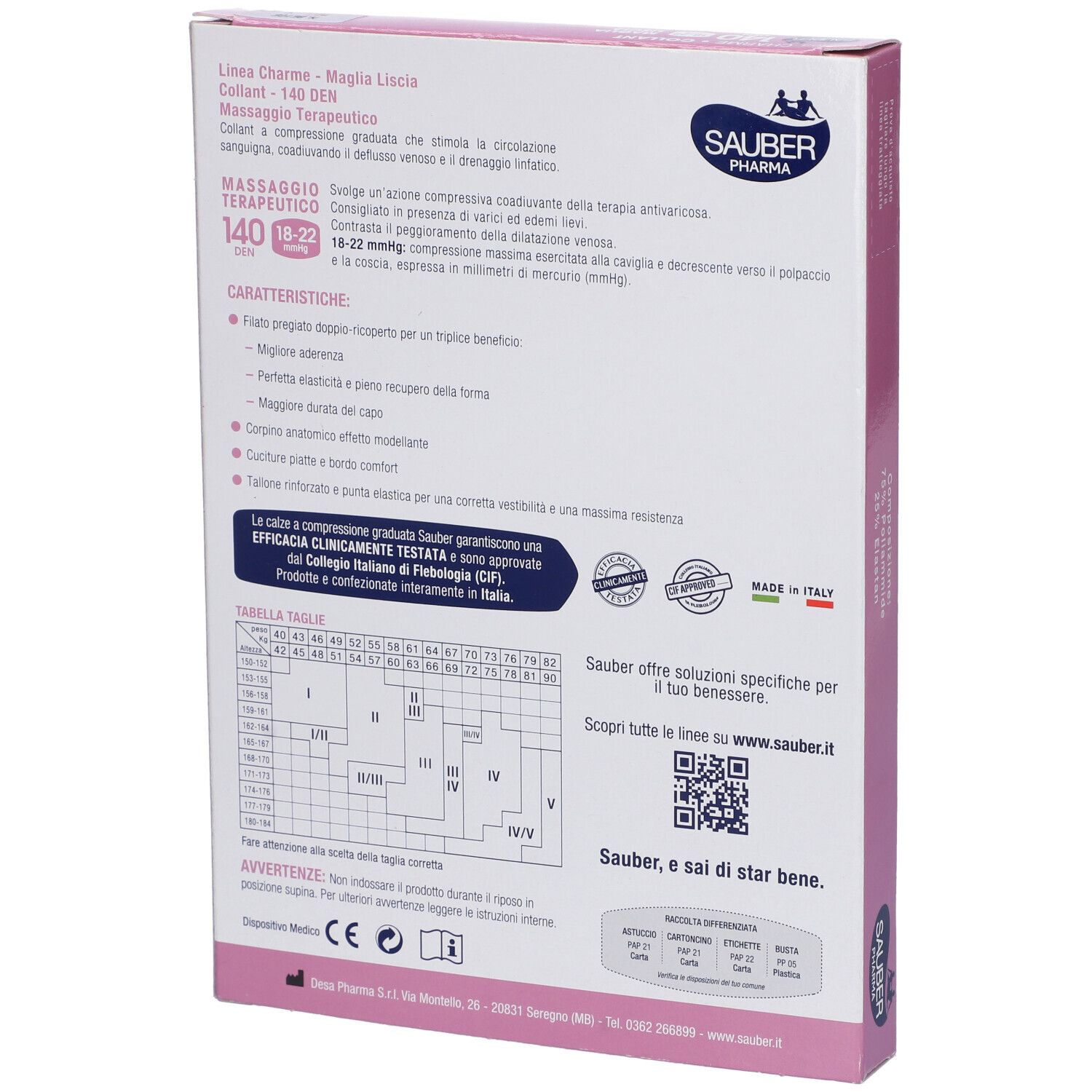 Retro confezione collant Sauber Charme. Informazioni prodotto, taglie e QR code. Made in Italy.