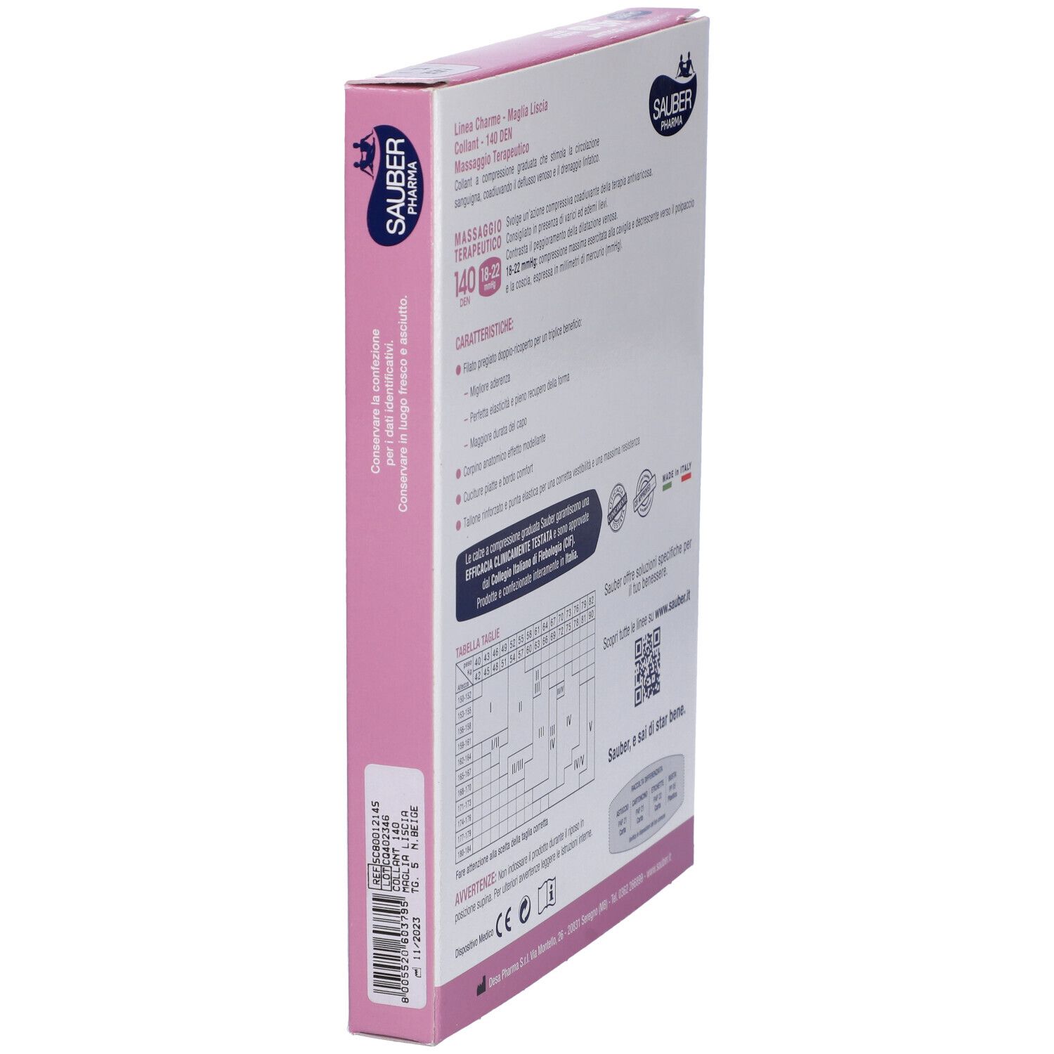 Vista laterale confezione collant Sauber Charme. Informazioni prodotto e QR code. Made in Italy.