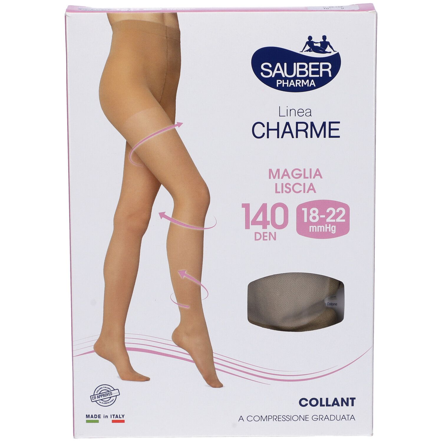 Collant beige Sauber Charme 140 Den, confezione. Taglia 18-22 mmHg. Made in Italy. Sauber Pharma.