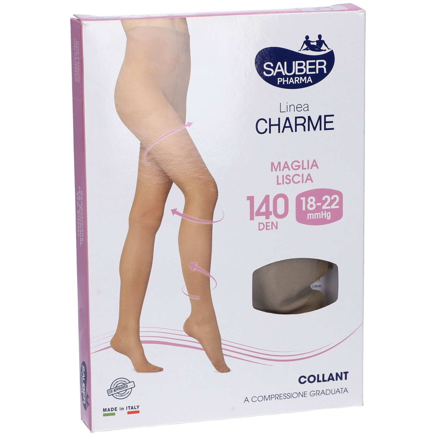 Collant beige Sauber Charme 140 Den, confezione. Taglia 18-22 mmHg. Made in Italy. Sauber Pharma.