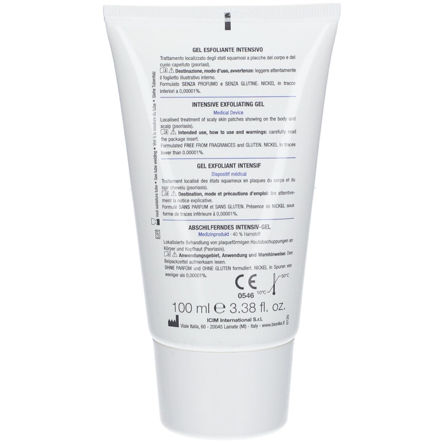 Weiße Tube mit intensiv peelendem Gel, 100 ml. Enthält CE-Kennzeichnung und medizinische Gerätekennung.