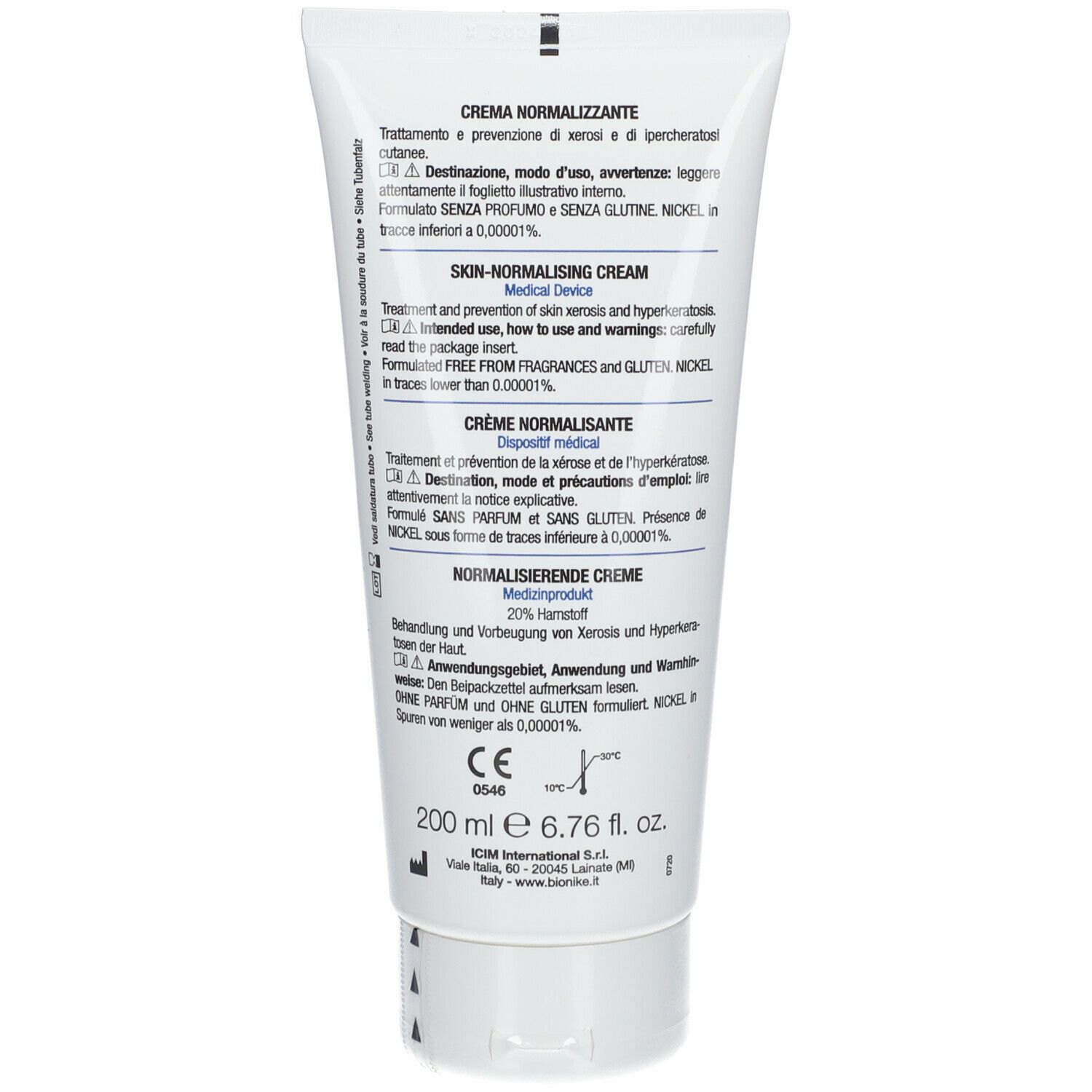Retro del tubo. Testo: Crema Normalizzante, 200 ml, 6.76 fl. oz. Dispositivo medico. Marchio: BioNike.