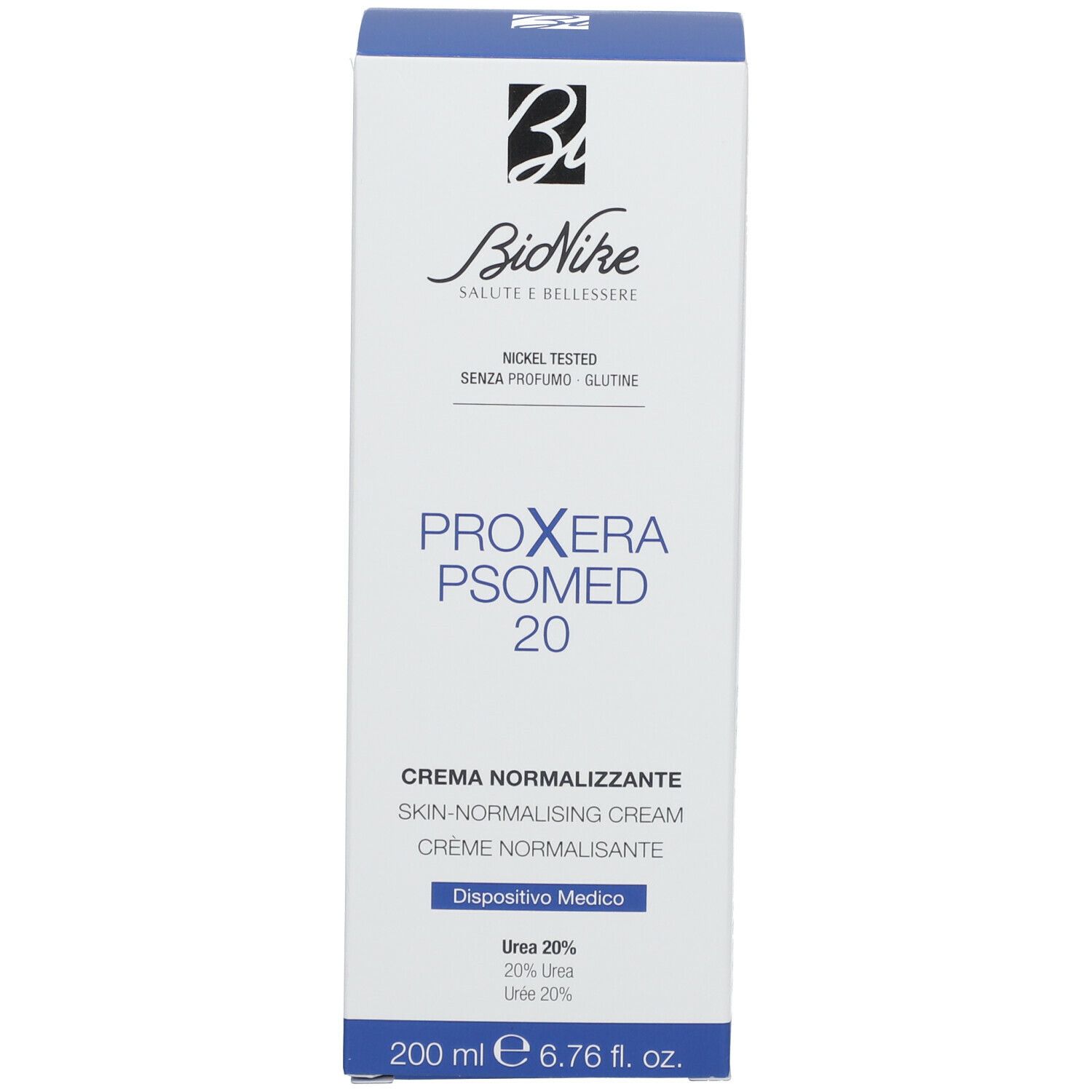 Confezione del prodotto. Scatola con testo: PROXERA PSOMED 20, Crema Normalizzante, 200 ml. Marchio: BioNike.