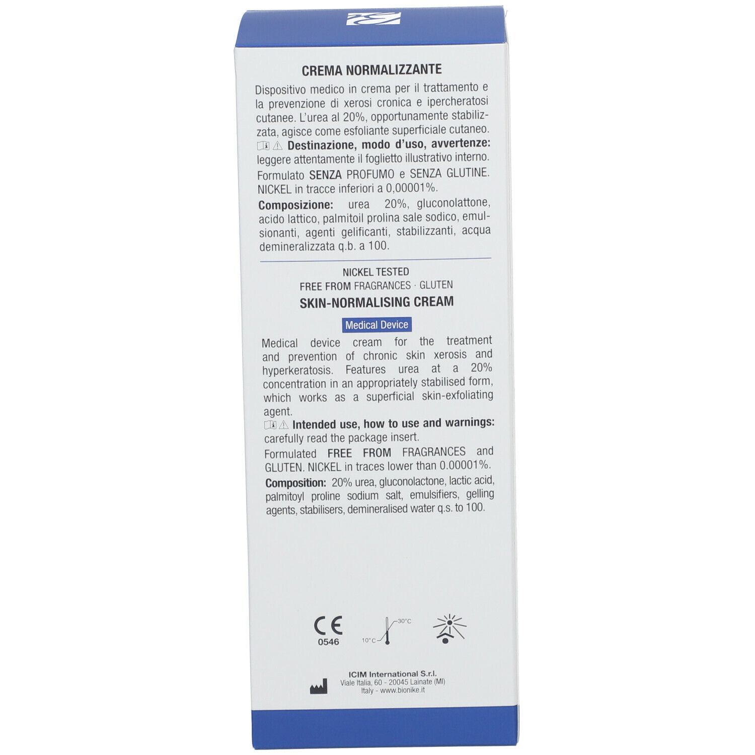 Retro della confezione. Testo: Crema Normalizzante, Dispositivo medico. Marchio: BioNike.
