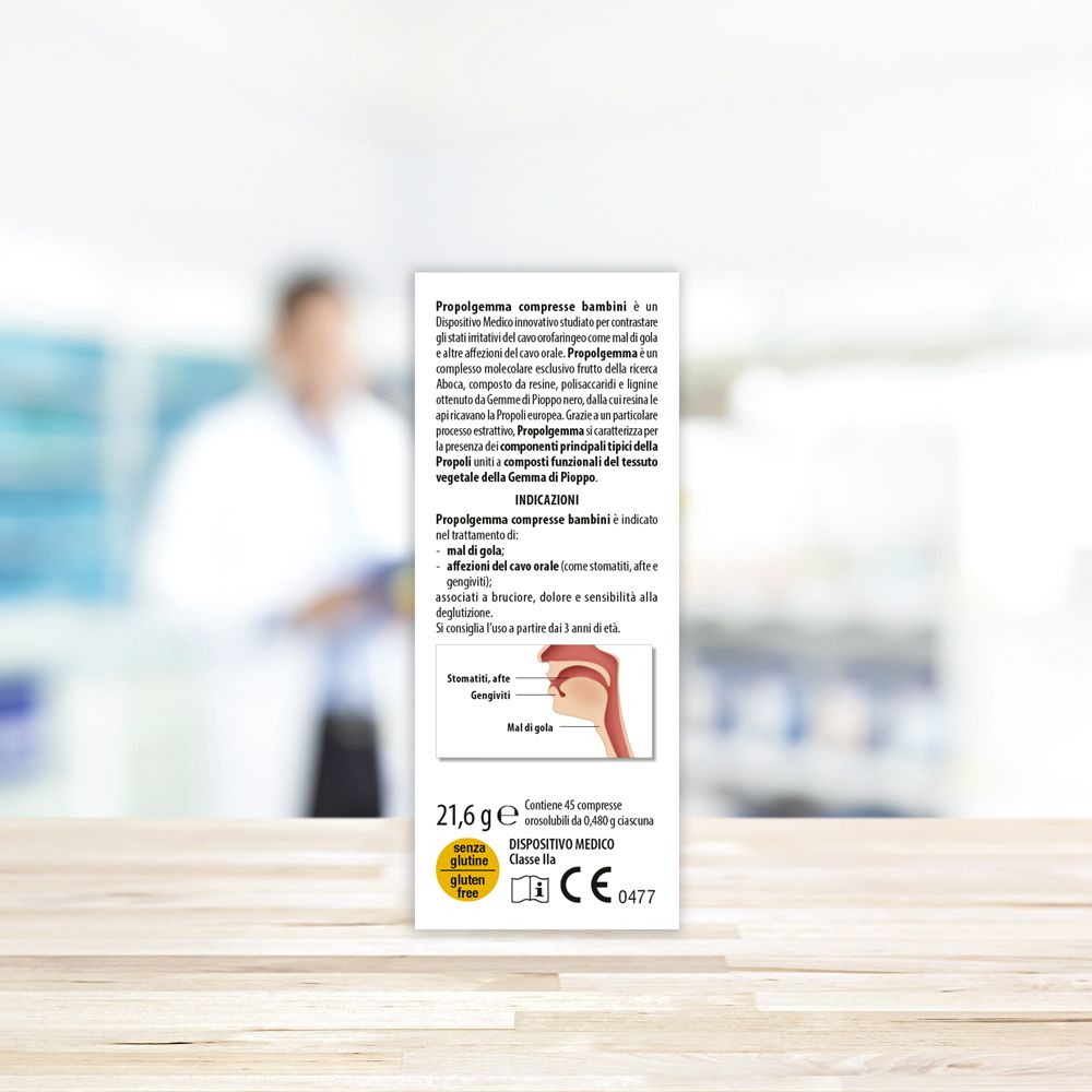 Braune Glasflasche mit goldfarbenem Deckel. Enthält Tabletten. Produktname Propolgemma.