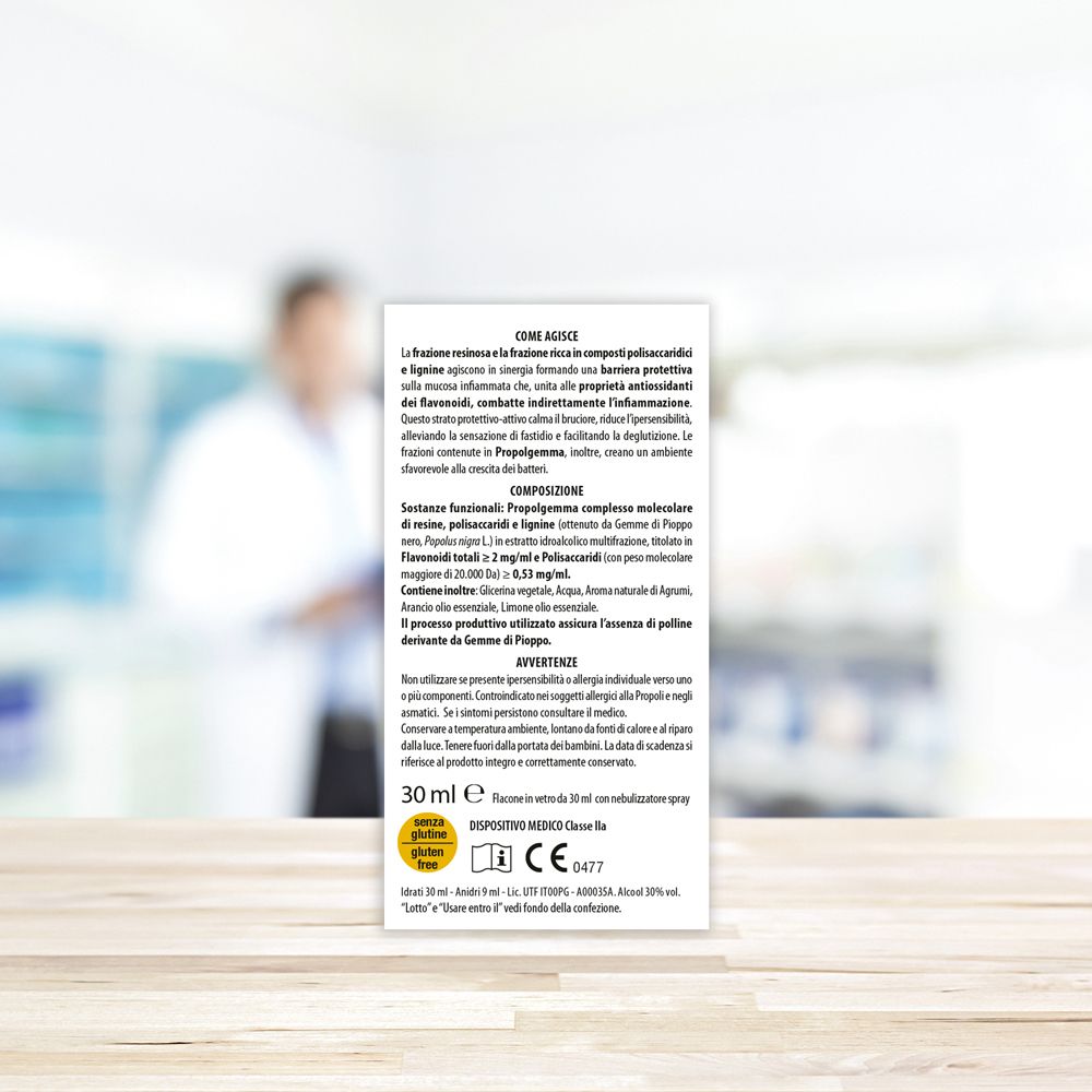 Rückseite der Produktverpackung mit Text und Informationen. 30 ml, glutenfrei, CE-Kennzeichnung.