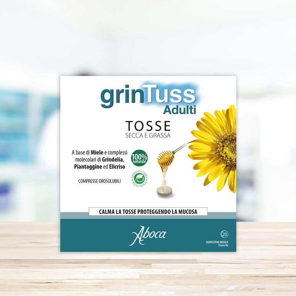 Schachtel Grintuss Adulti Compresse. Aufschrift: Tosse, trocken und fettig. Aboca-Logo. 20 Tabletten.