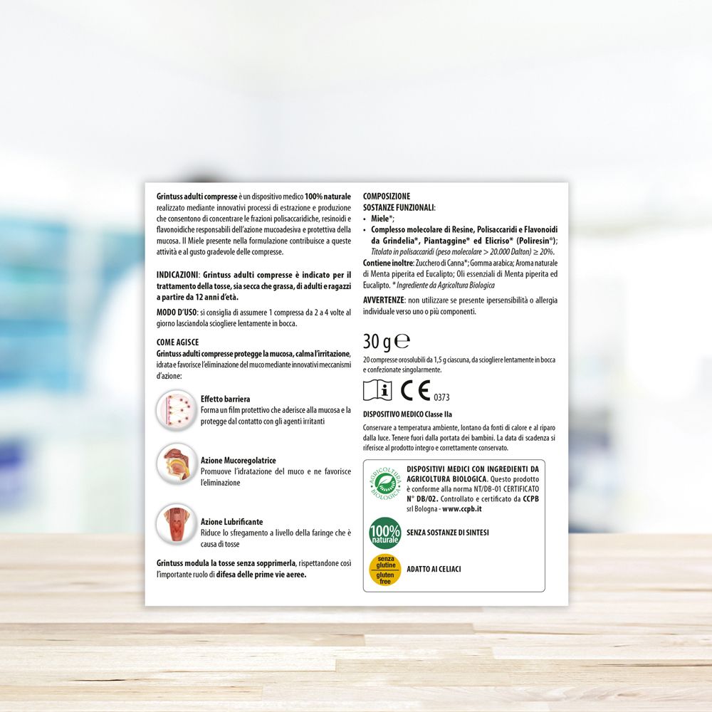 Rückseite der Grintuss Adulti Compresse-Schachtel. Text und Logos. 30g. Zutatenliste.