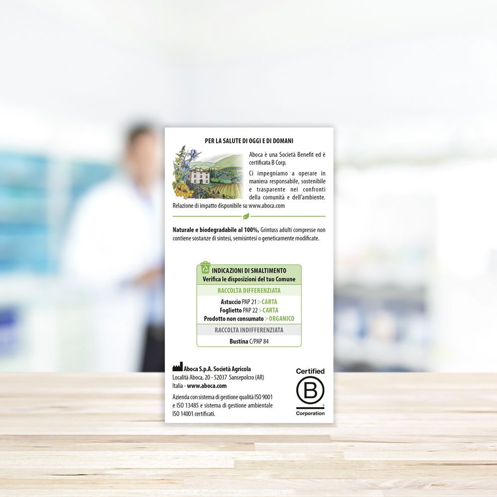 Schachtel Grintuss Adulti Compresse. Aufschrift: Tosse, trocken und fettig. Aboca-Logo. 20 Tabletten.