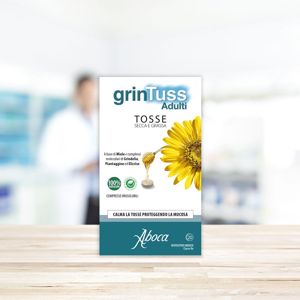 Schachtel Grintuss Adulti Compresse. Aufschrift: Tosse, trocken und fettig. Aboca-Logo. 20 Tabletten.