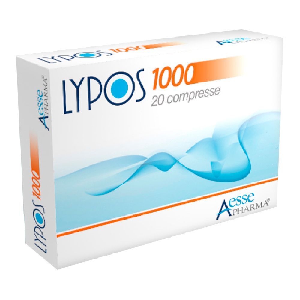 Scatola bianca con scritte blu e arancioni. Scritto: LYPOS 1000, 20 compresse. Marchio: Aesse Pharma.