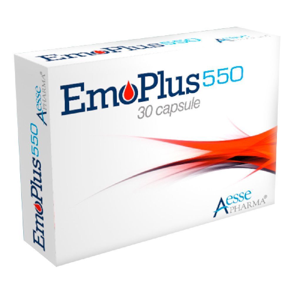 Scatola bianca "EmoPlus 550" con 30 capsule. Logo Aesse Pharma. Elementi di design rossi e neri.