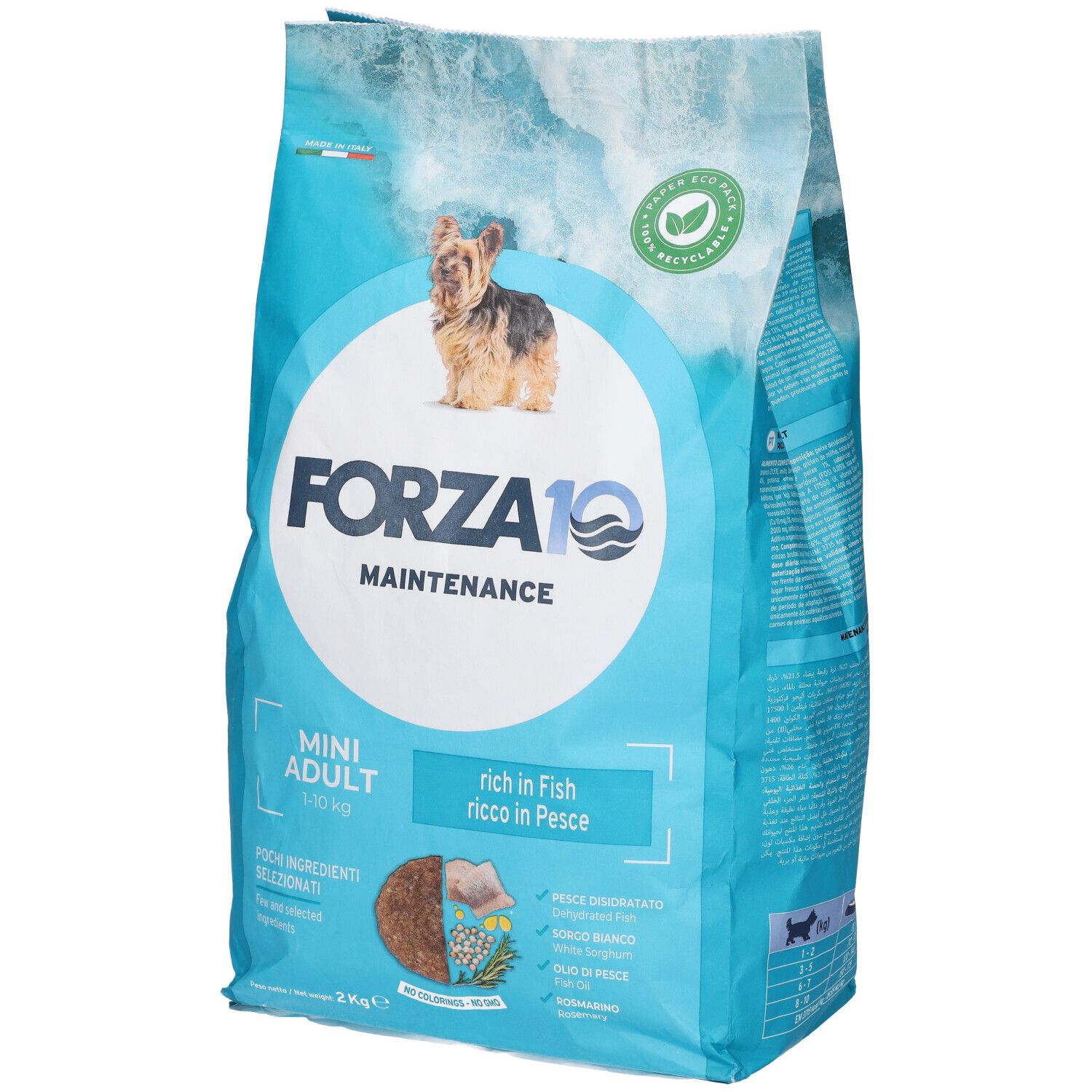 Sacchetto blu con immagine e testo del prodotto. Scritta: Forza10 Maintenance Mini Adult. Con cane.