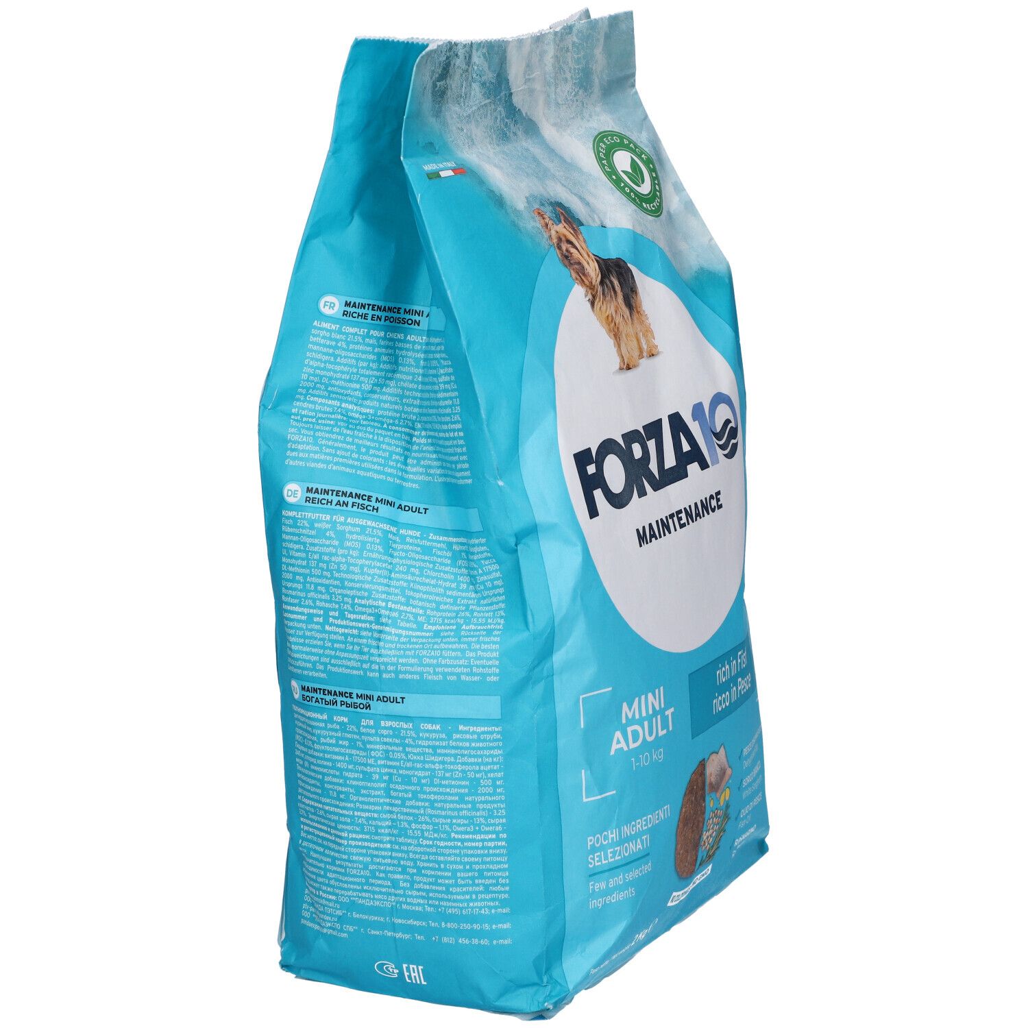Sacchetto blu con immagine e testo del prodotto. Scritta: Forza10 Maintenance Mini Adult. Vista laterale.