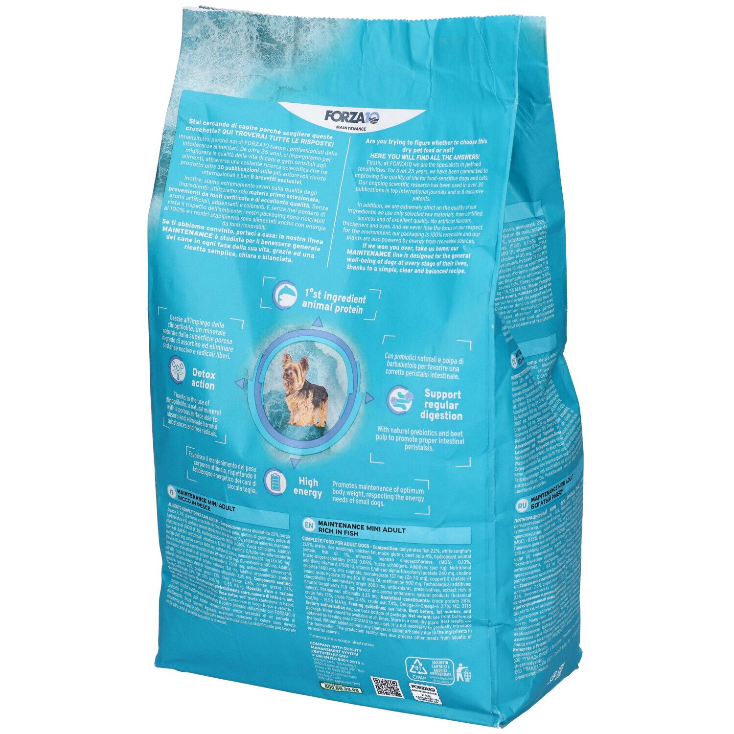 Sacchetto blu con immagine e testo del prodotto. Scritta: Forza10 Maintenance Mini Adult. Vista posteriore.