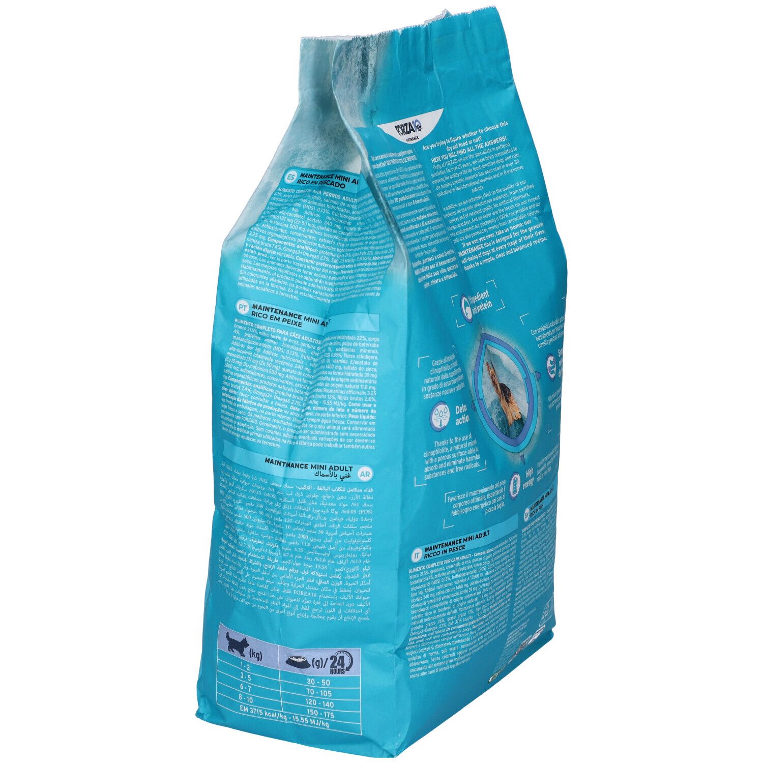 Sacchetto blu con immagine e testo del prodotto. Scritta: Forza10 Maintenance Mini Adult. Vista laterale.