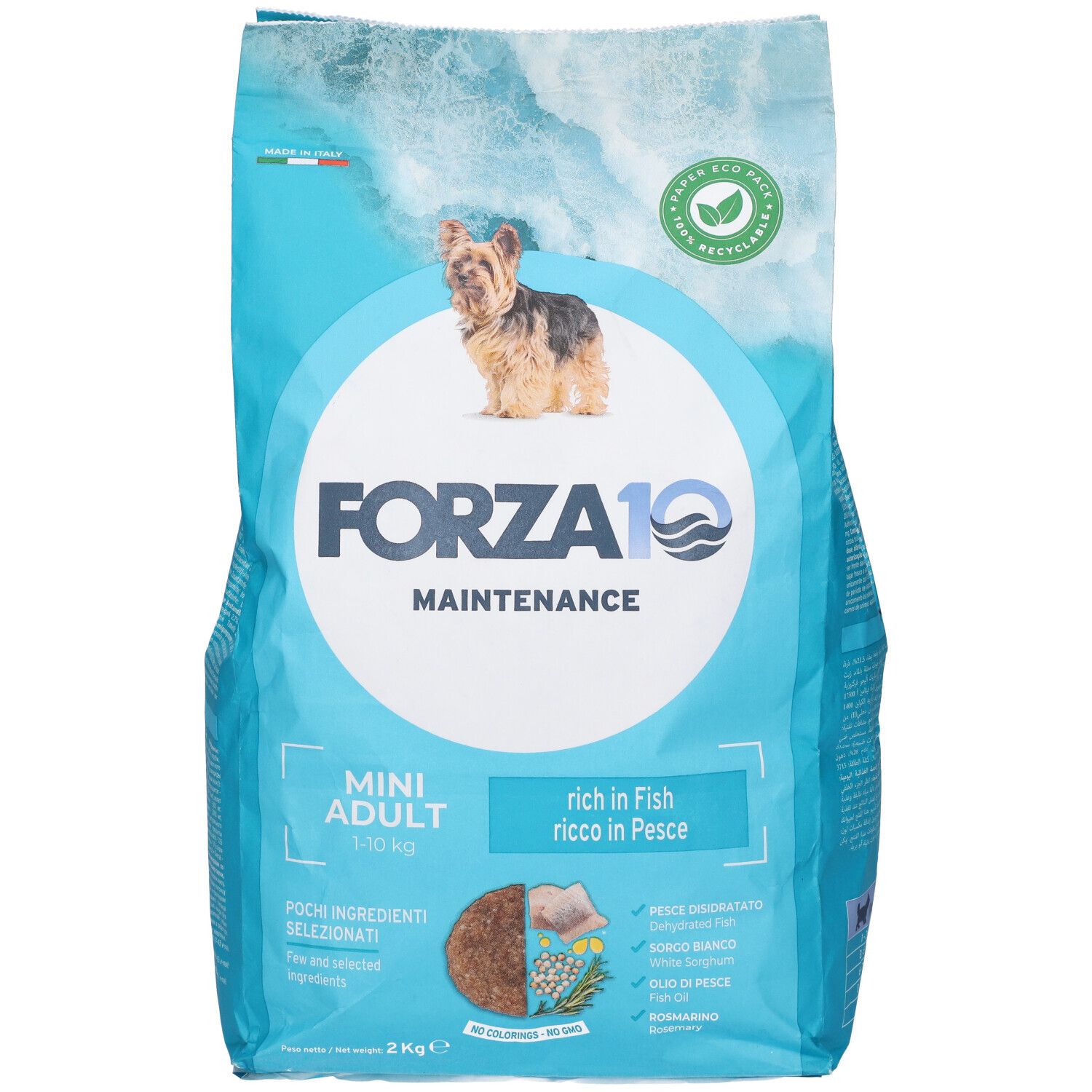 Sacchetto blu con immagine e testo del prodotto. Scritta: Forza10 Maintenance Mini Adult. Con cane.