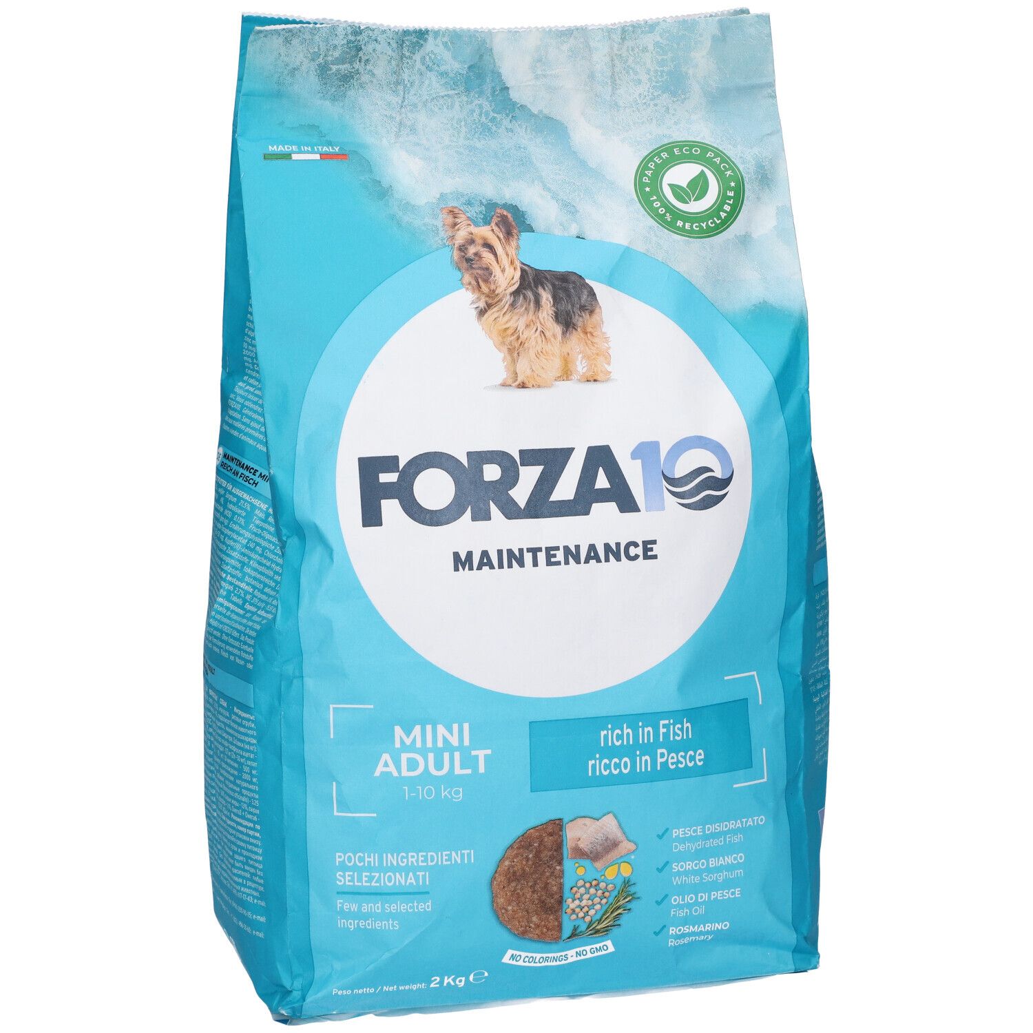 Sacchetto blu con immagine e testo del prodotto. Scritta: Forza10 Maintenance Mini Adult. Con cane.