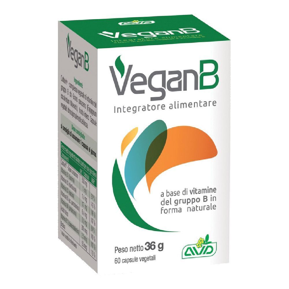 Scatola verde e bianca di capsule VeganB. Scritta: VeganB, Integratore alimentare. Contiene 60 capsule.