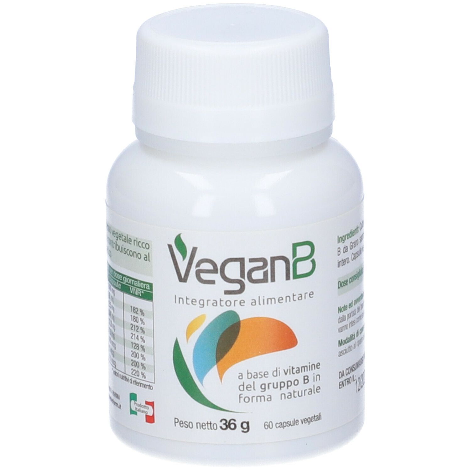 Flacone bianco di capsule VeganB. Scritta: VeganB, Integratore alimentare. Contiene 60 capsule. Peso netto: 36 g.