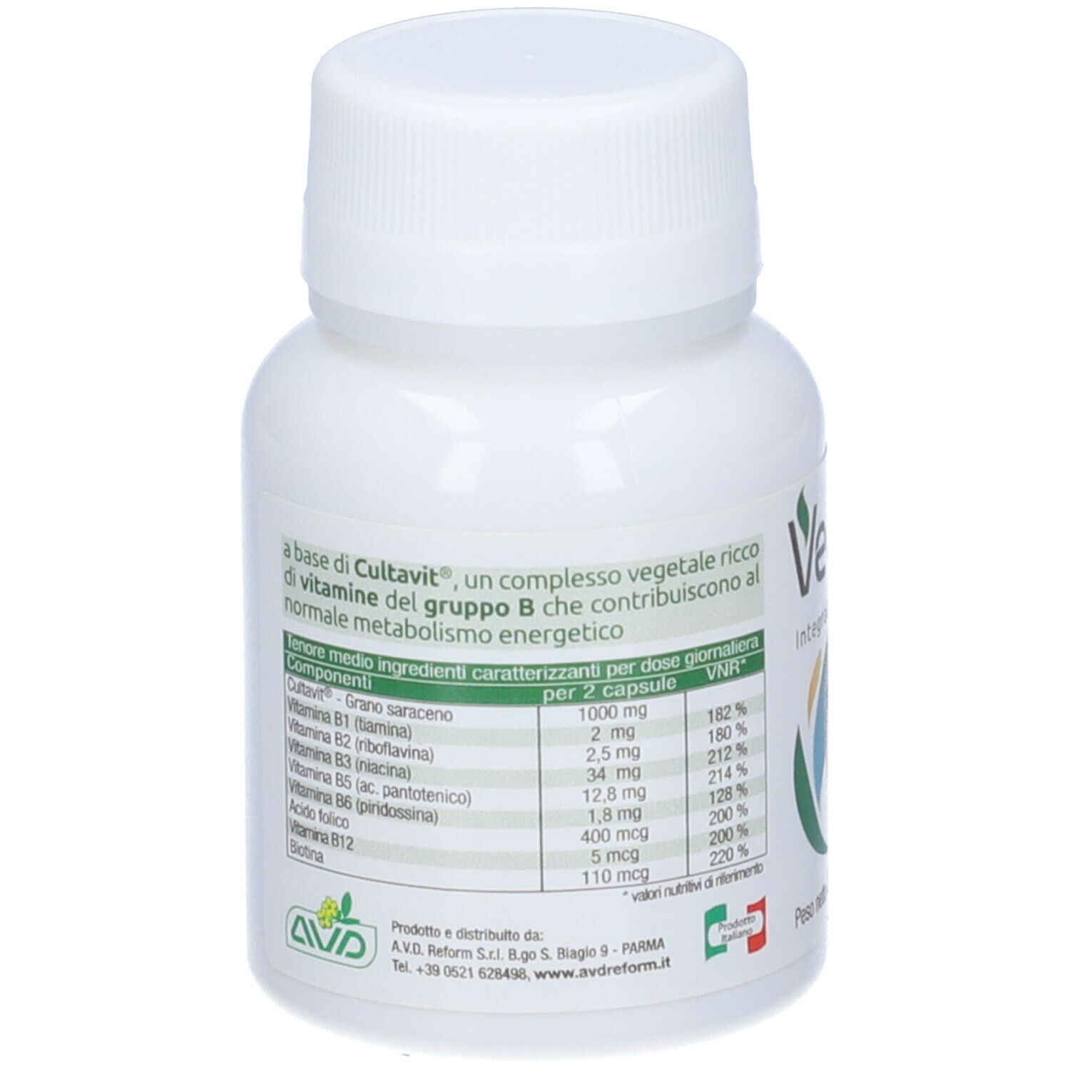 Flacone bianco di capsule VeganB. Scritta: VeganB, Integratore alimentare. Contiene 60 capsule. Peso netto: 36 g. Retro con informazioni.