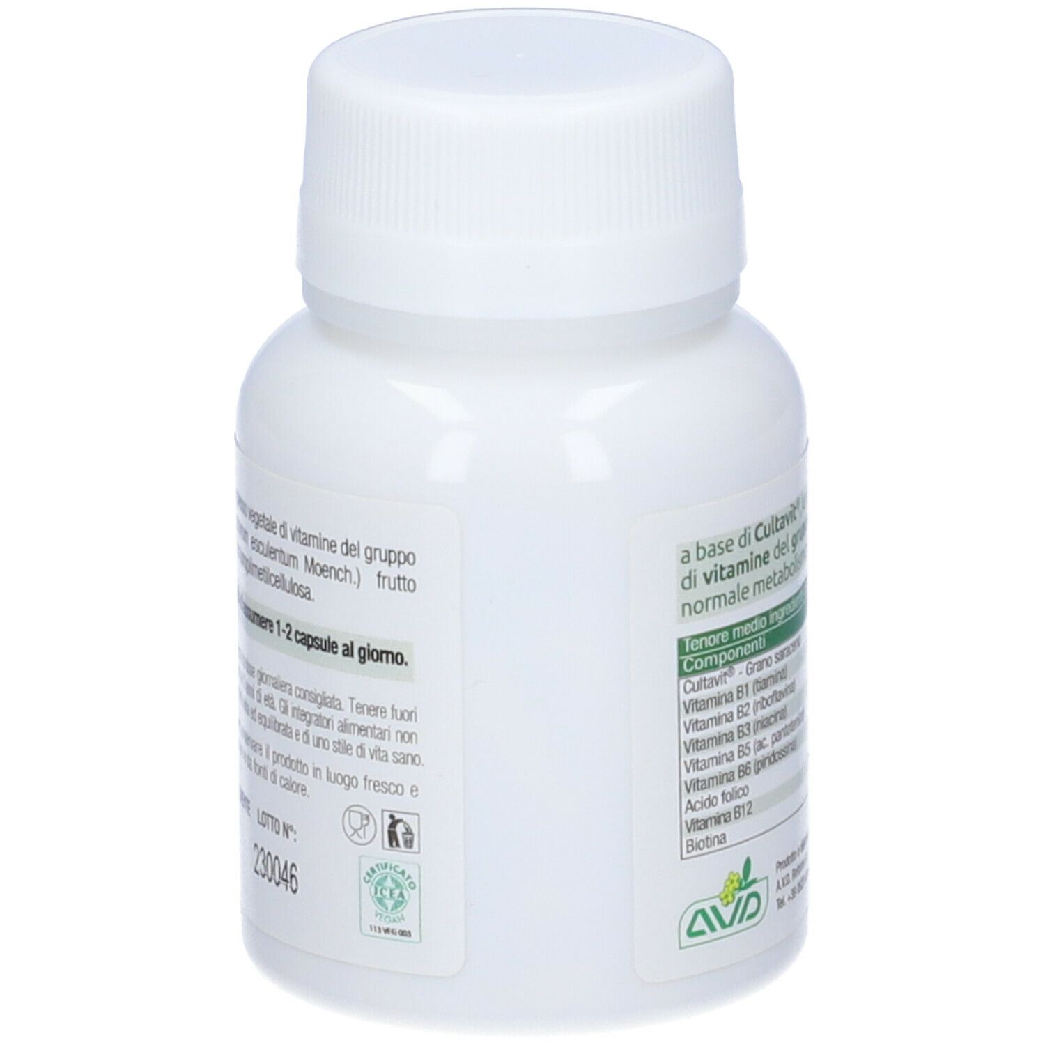 Flacone bianco di capsule VeganB. Scritta: VeganB, Integratore alimentare. Contiene 60 capsule. Peso netto: 36 g. Retro con informazioni.