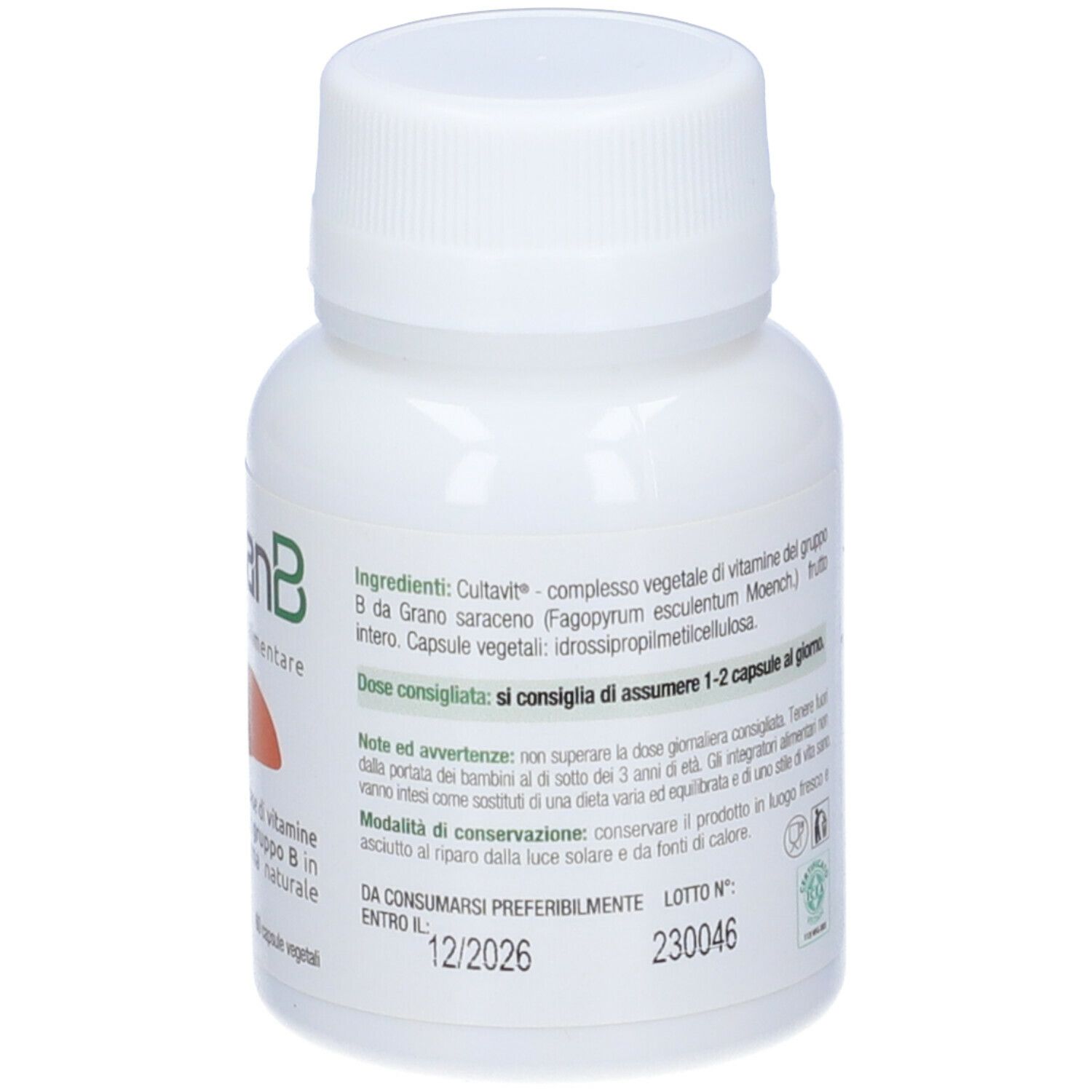 Flacone bianco di capsule VeganB. Scritta: VeganB, Integratore alimentare. Contiene 60 capsule. Peso netto: 36 g. Retro con informazioni.