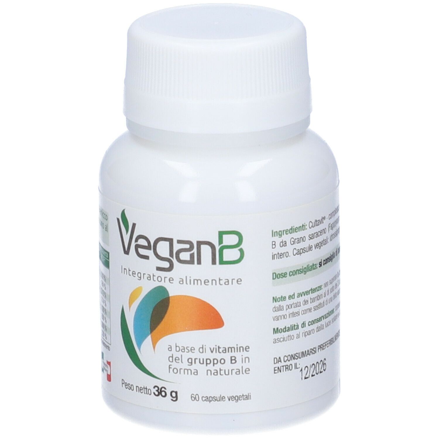Flacone bianco di capsule VeganB. Scritta: VeganB, Integratore alimentare. Contiene 60 capsule. Peso netto: 36 g. Scadenza: 12/2026.