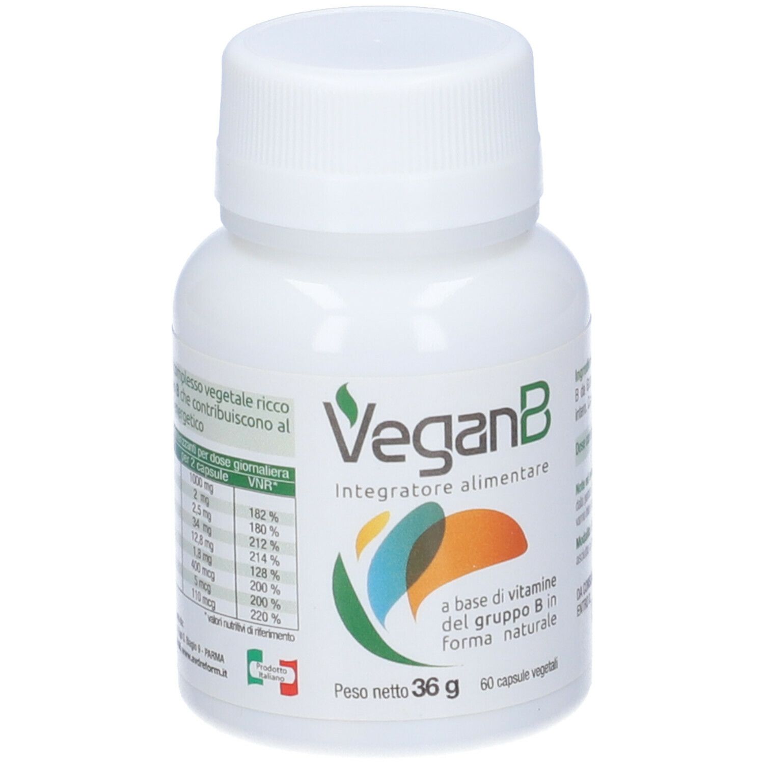 Flacone bianco di capsule VeganB. Scritta: VeganB, Integratore alimentare. Contiene 60 capsule. Peso netto: 36 g.