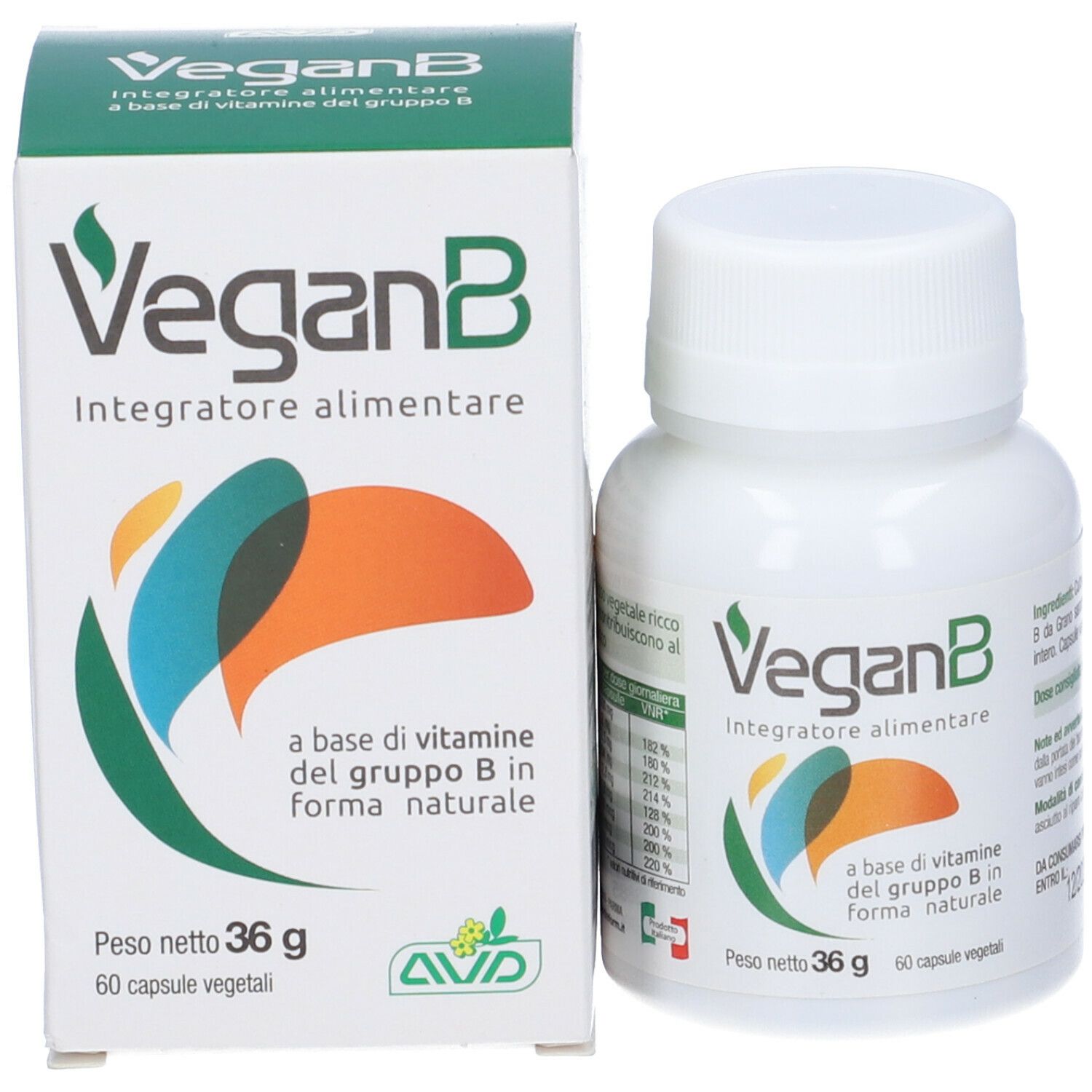 Flacone bianco e scatola di capsule VeganB. Scritta: VeganB, Integratore alimentare. Contiene 60 capsule. Peso netto: 36 g.