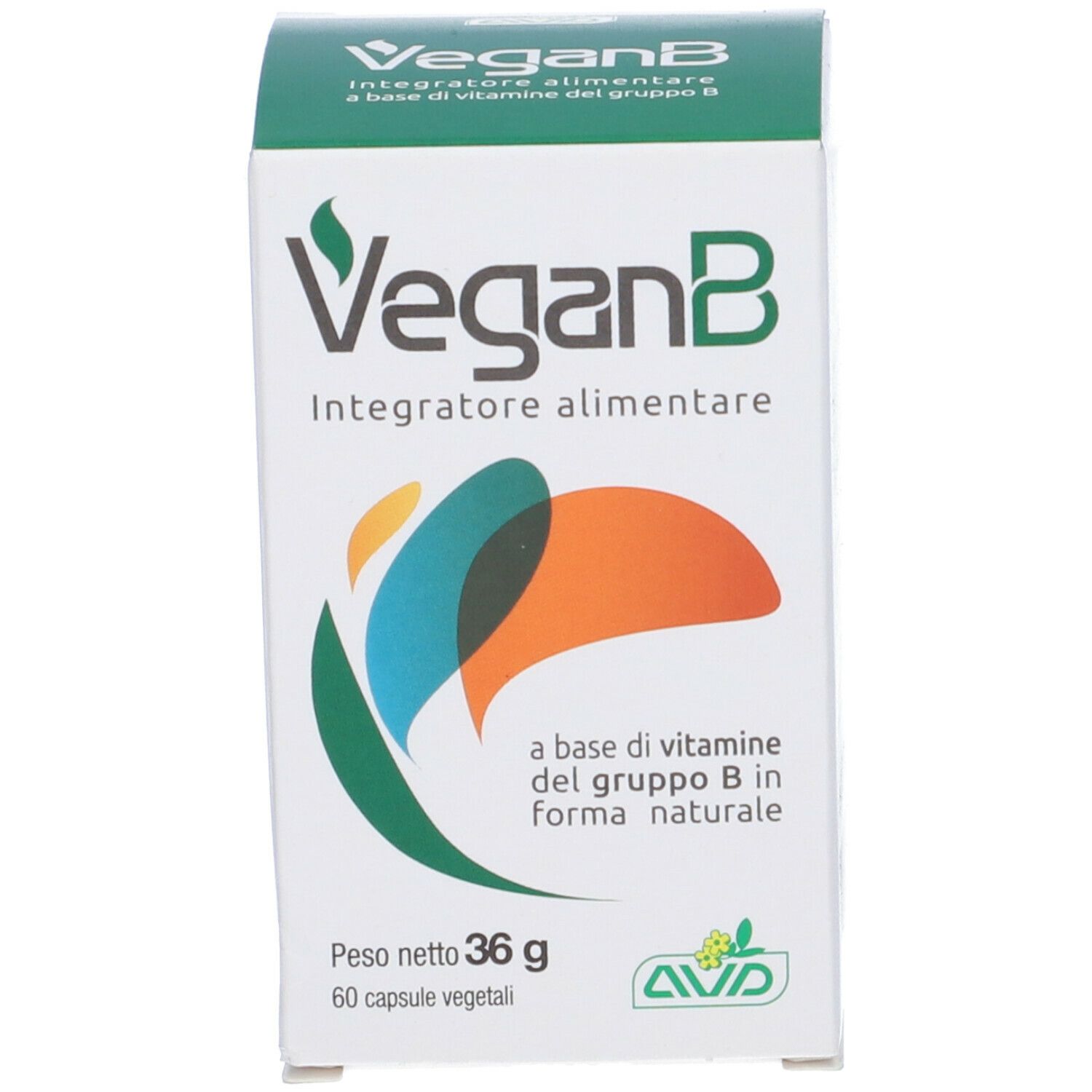 Scatola verde e bianca di capsule VeganB. Scritta: VeganB, Integratore alimentare. Contiene 60 capsule. Peso netto: 36 g.