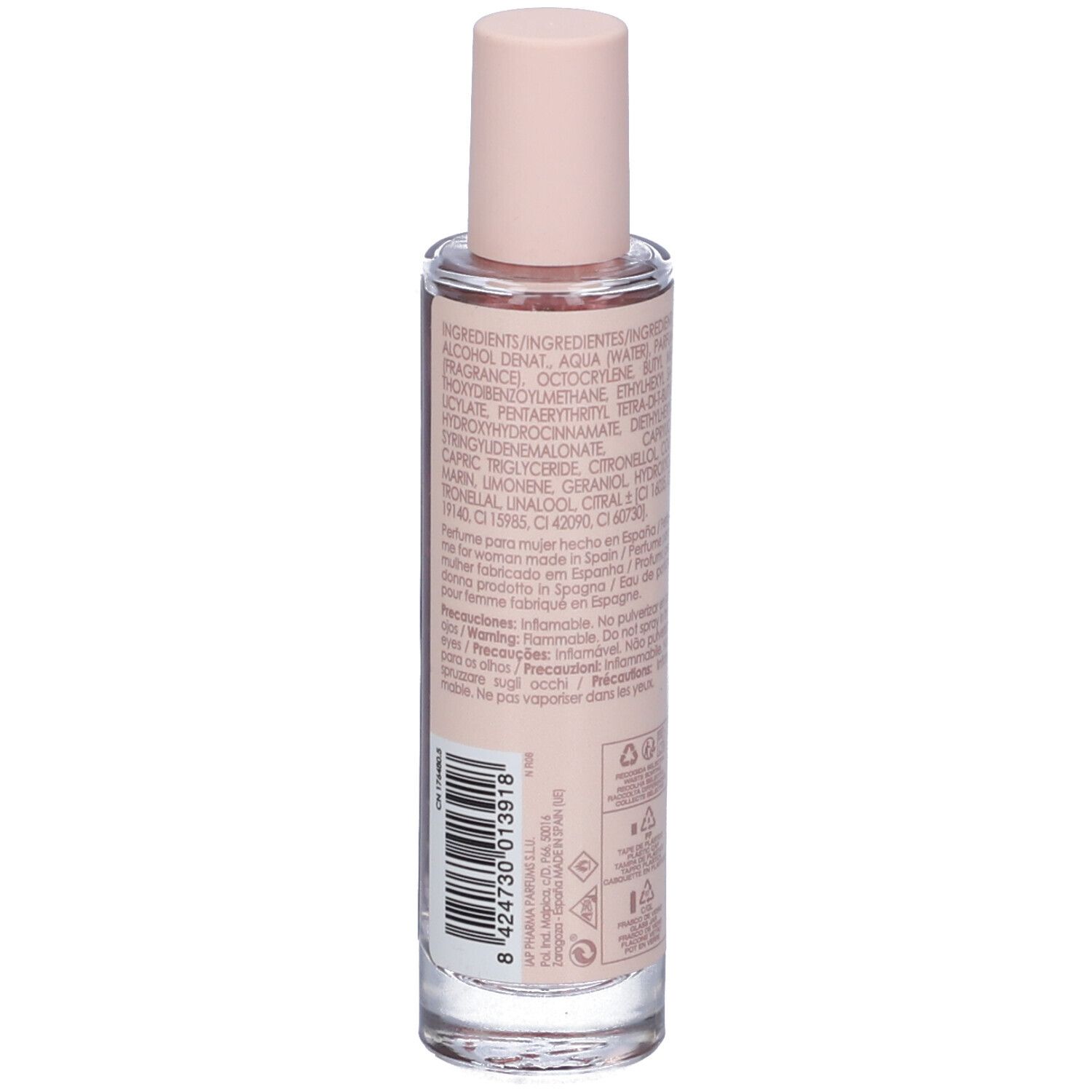 Flacone di profumo con tappo rosa. Retro con ingredienti e testo. Codice a barre.
