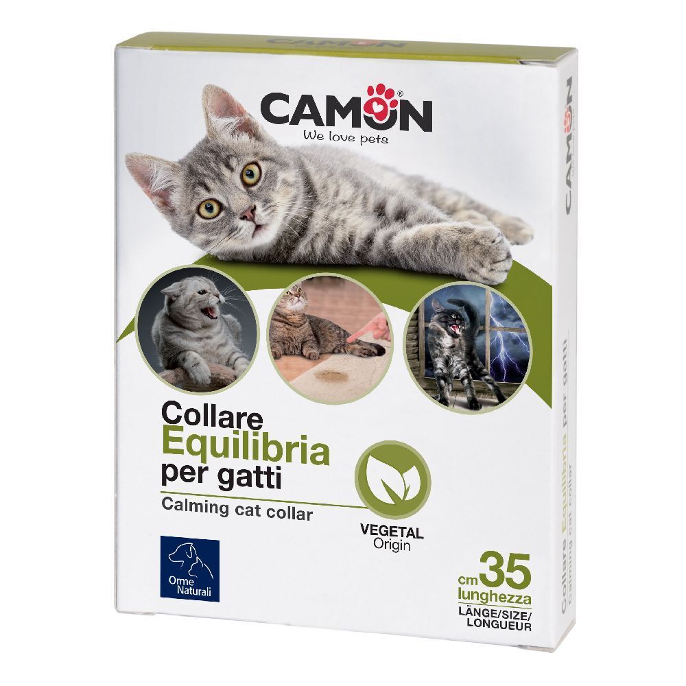 Confezione del prodotto con immagine e testo. Scritta: CAMON, Collare Equilibria per gatti, lunghezza 35 cm. Origine vegetale.