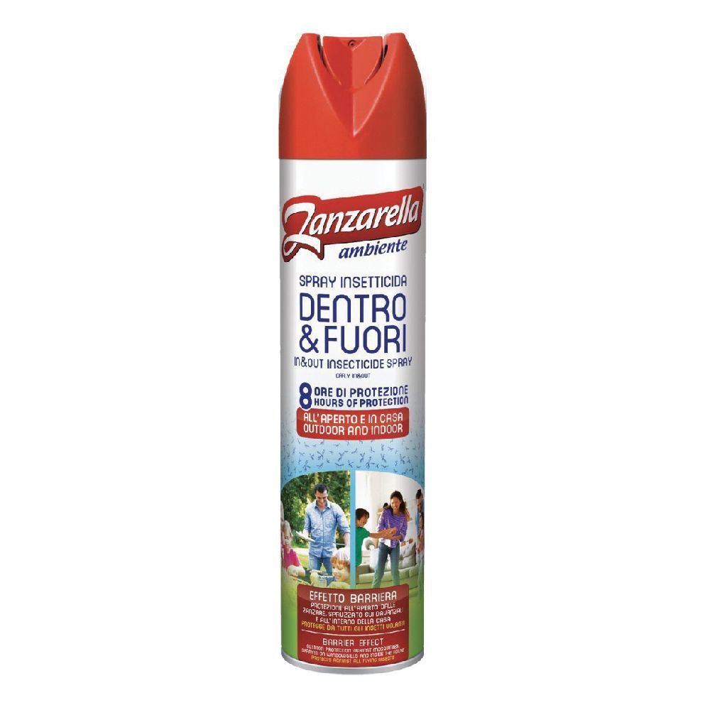 Bomboletta spray Zanzarella Ambiente, rossa e bianca. Testo: Spray Insetticida, Dentro & Fuori, 8 ore di protezione.