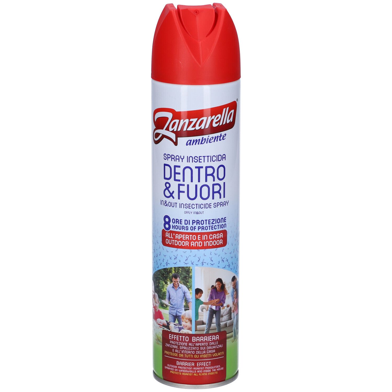 Bomboletta spray Zanzarella Ambiente, rossa e bianca. Testo: Spray Insetticida, Dentro & Fuori, 8 ore di protezione.
